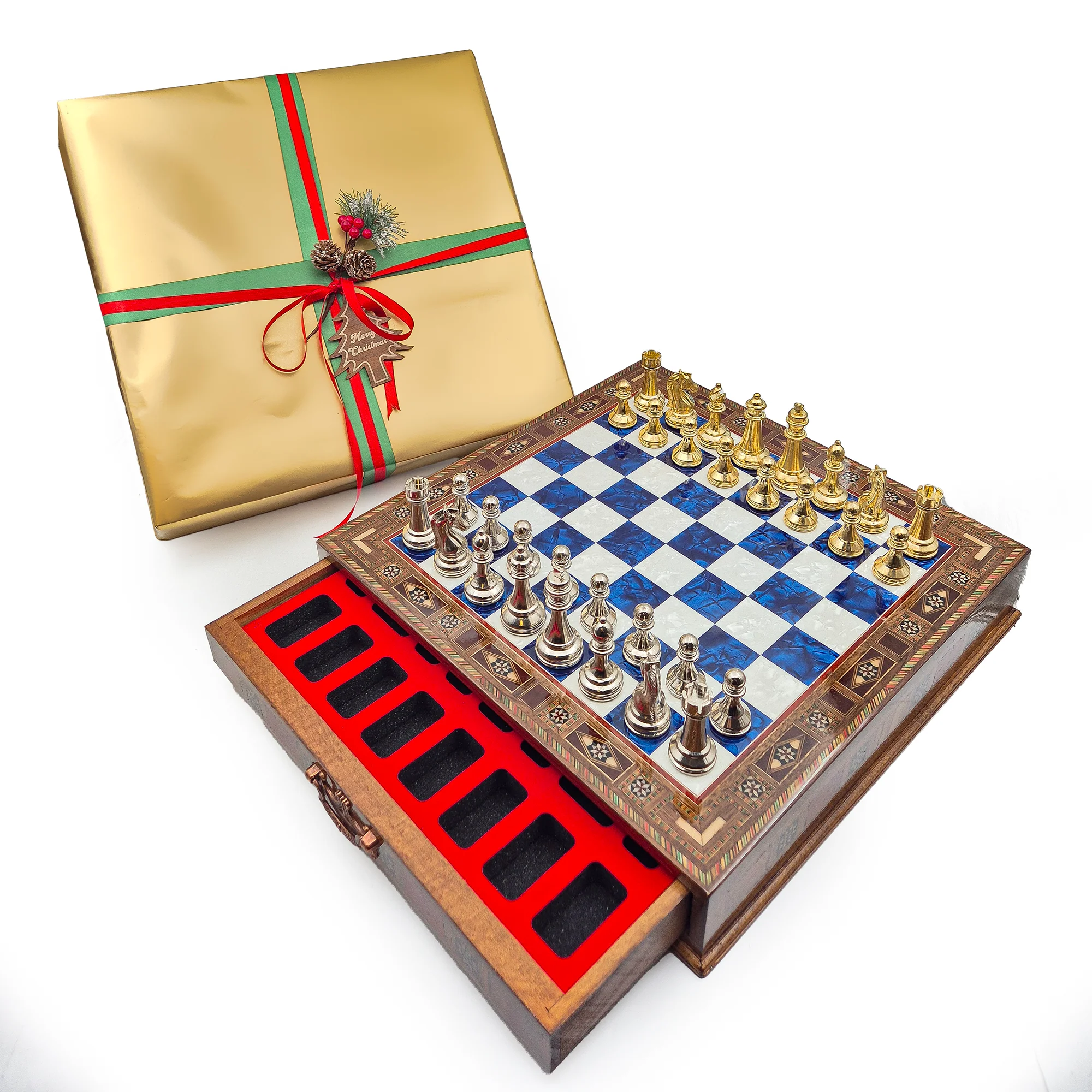 Handmade Luxury Chess Set With Storage Units - Blue Chess Board - Image 12