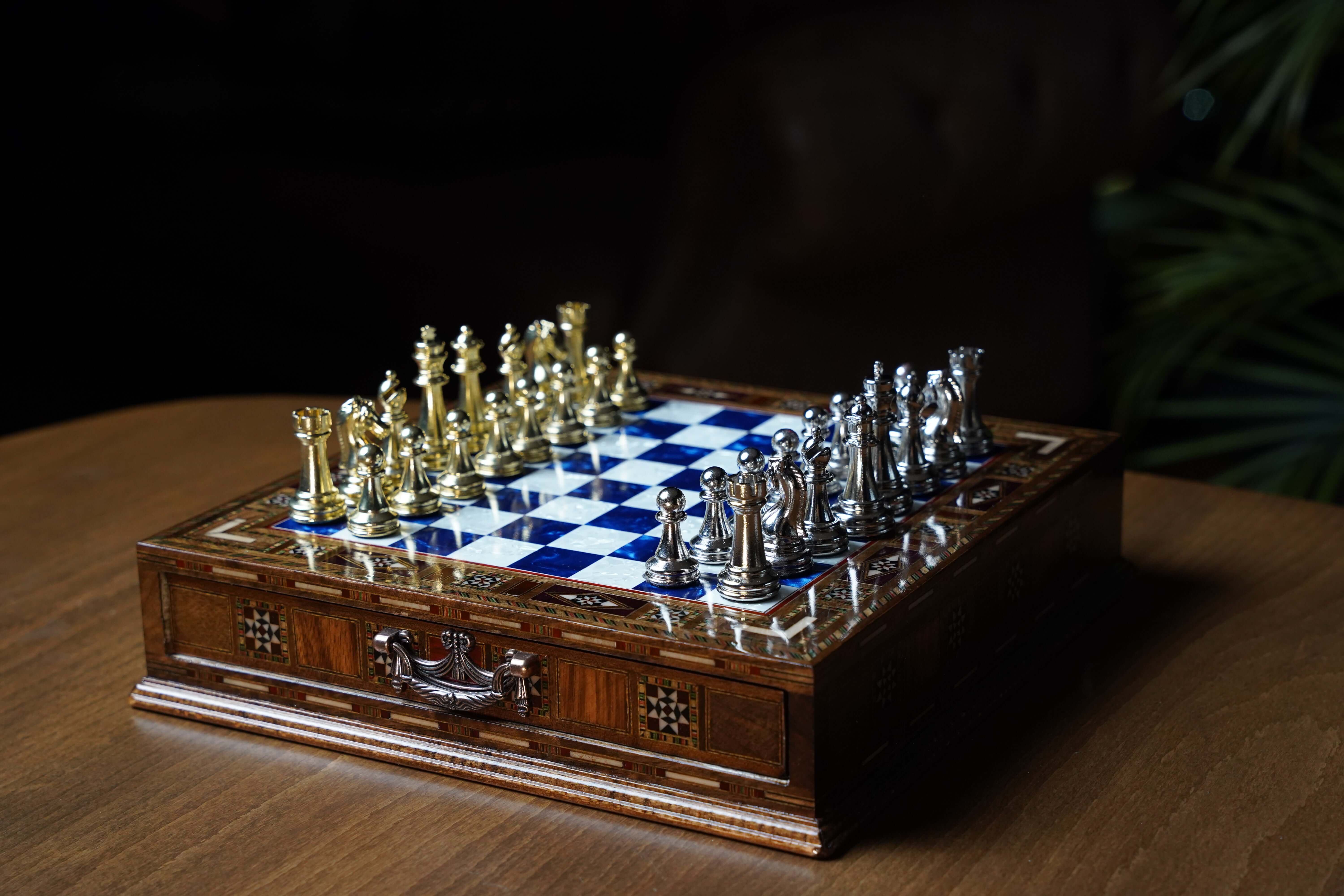 Handmade Luxury Chess Set With Storage Units - Blue Chess Board - Image 3