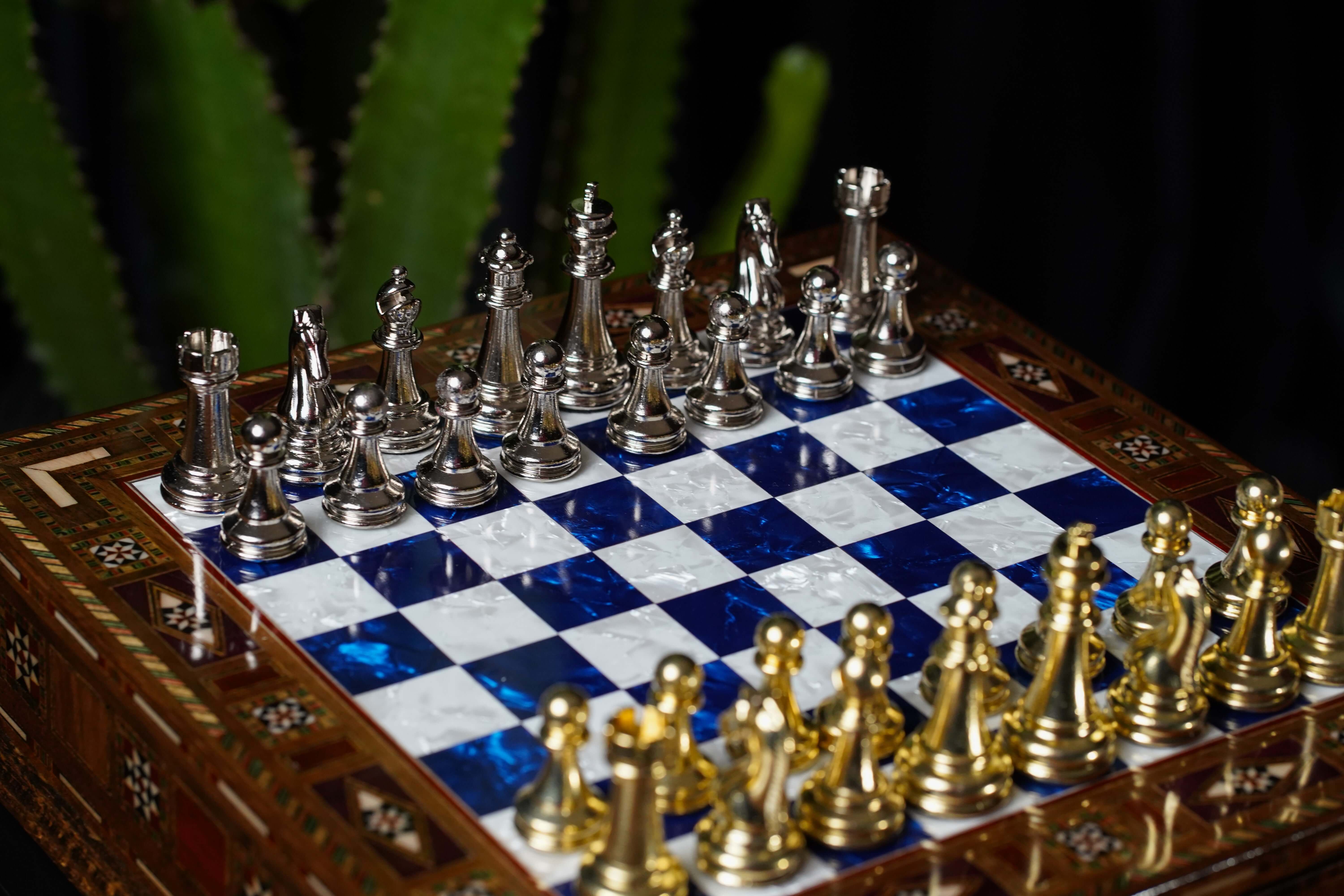Handmade Luxury Chess Set With Storage Units - Blue Chess Board - Image 4