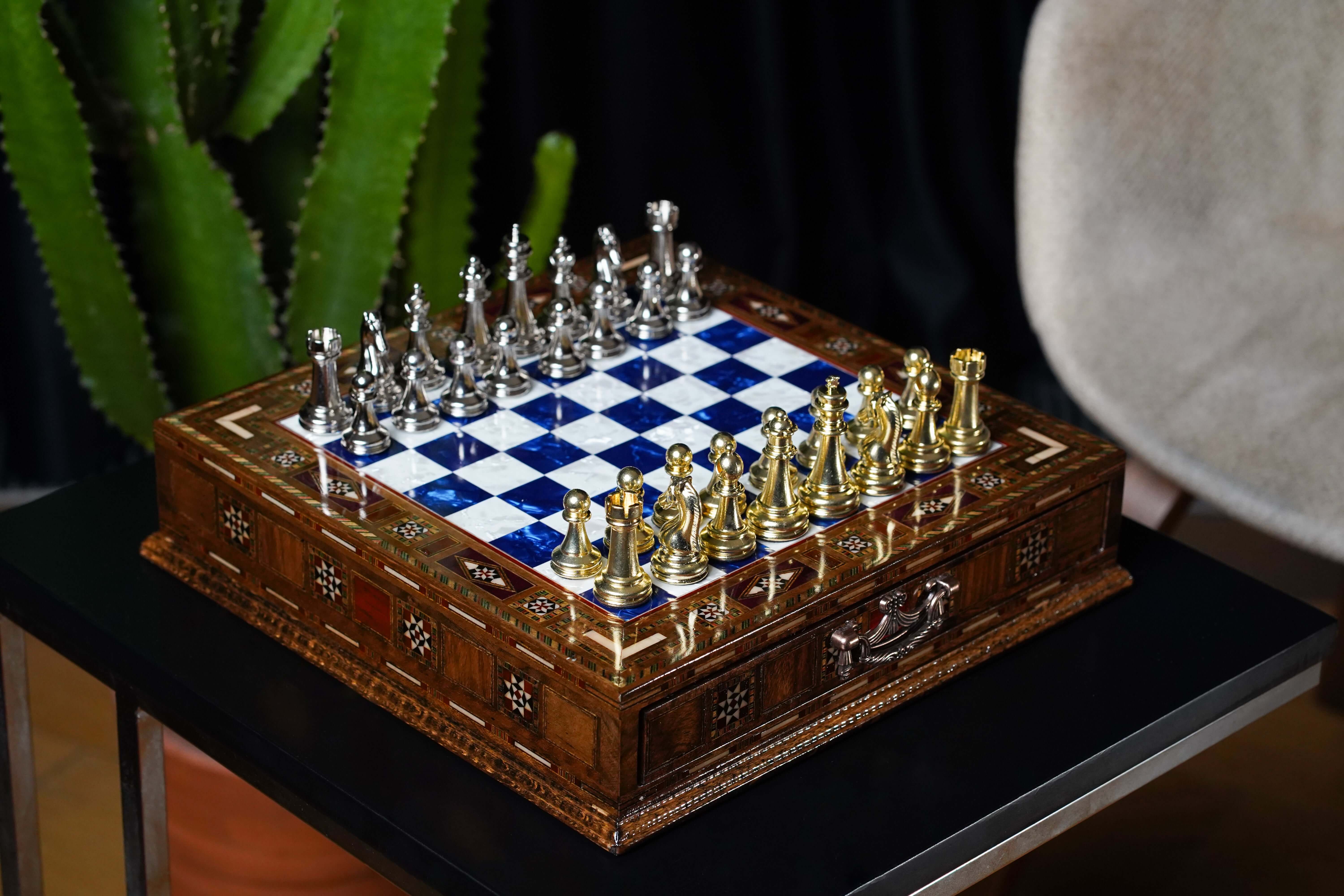 Handmade Luxury Chess Set With Storage Units - Blue Chess Board - Image 6