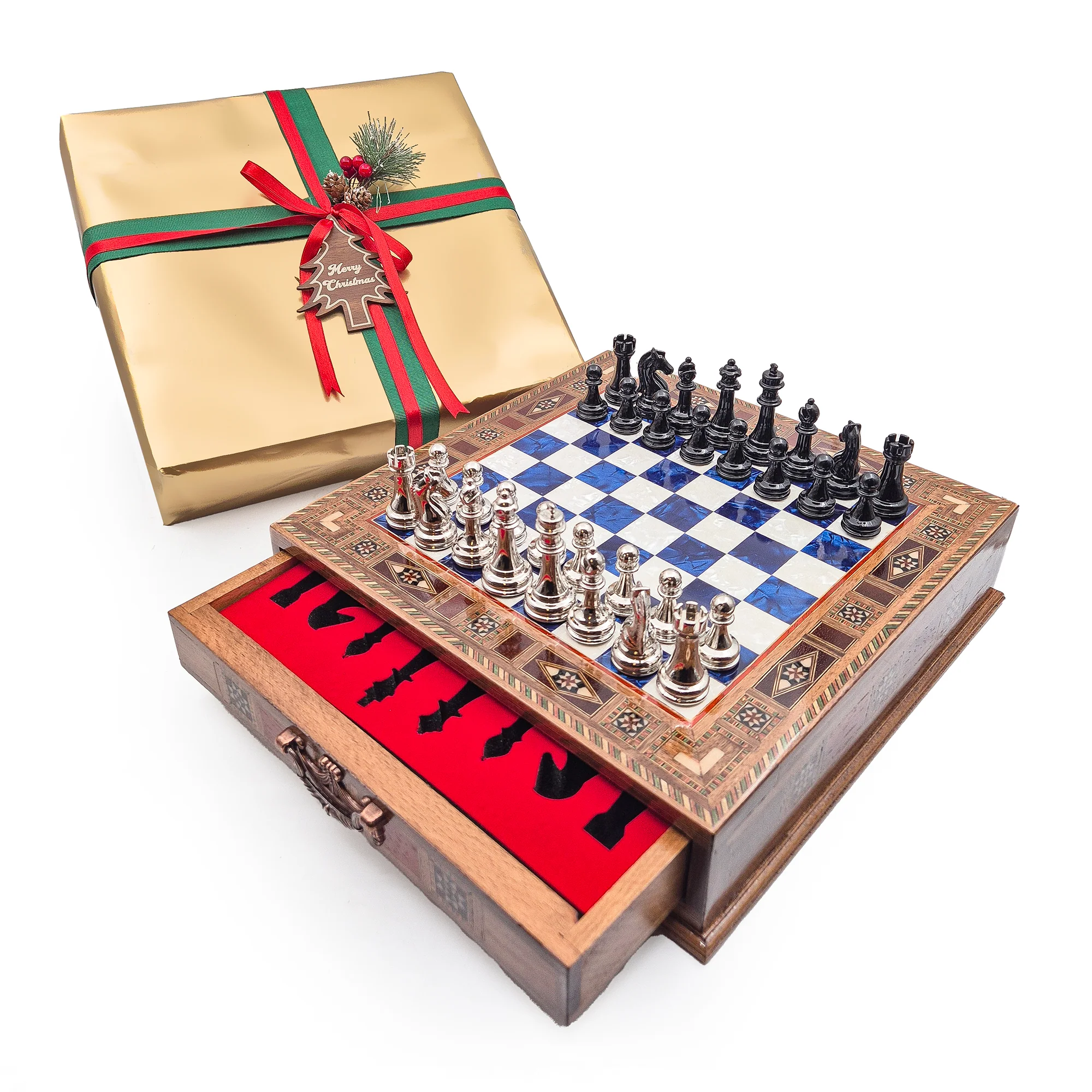 Luxury Wooden Chess Set With Storage Units - Black And Silver Metal Chess Pieces (Blue Chess Board) - Image 10