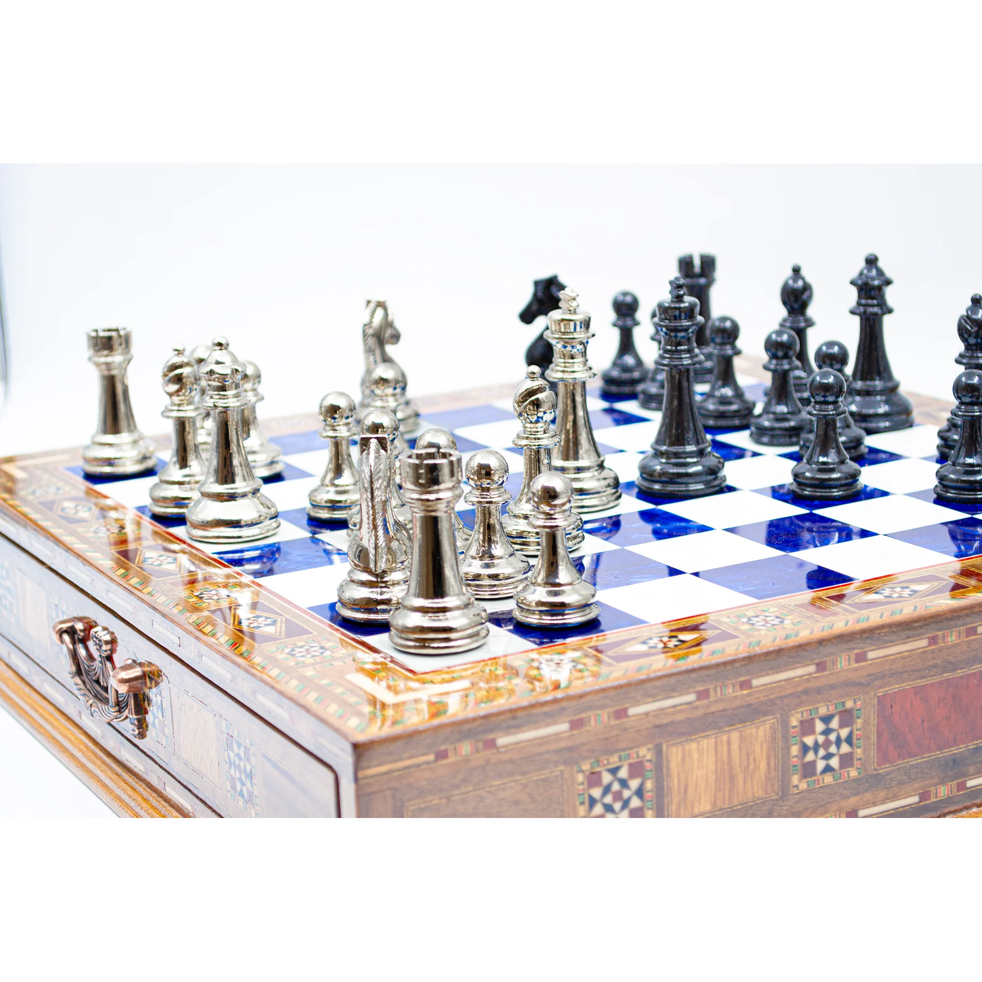 Luxury Wooden Chess Set With Storage Units - Black And Silver Metal Chess Pieces (Blue Chess Board) - Image 3