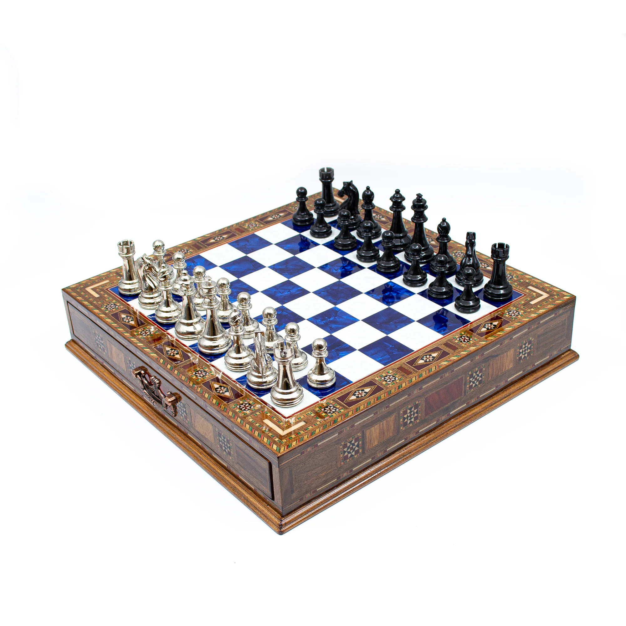 Luxury Wooden Chess Set With Storage Units - Black And Silver Metal Chess Pieces (Blue Chess Board) - Image 4