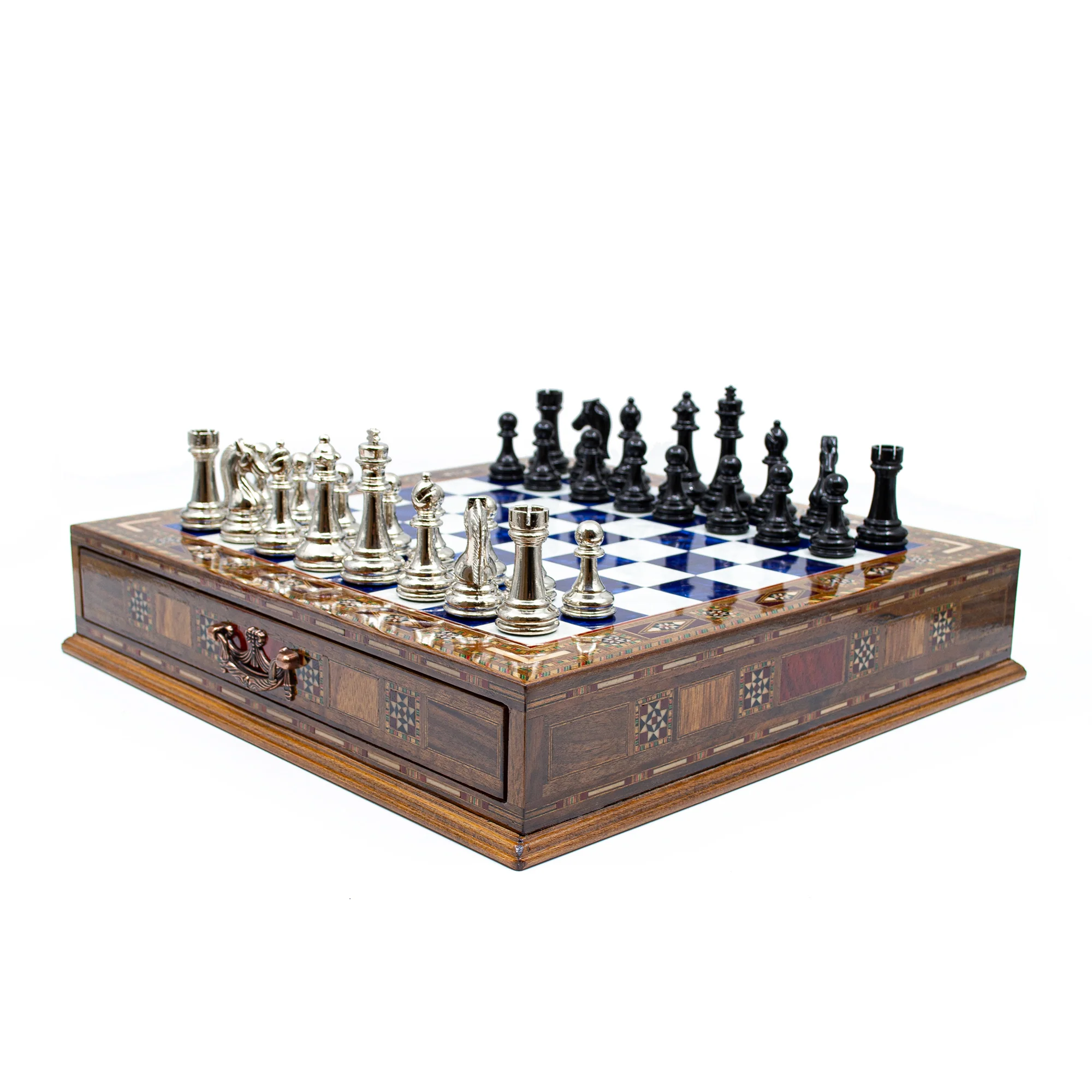 Luxury Wooden Chess Set With Storage Units - Black And Silver Metal Chess Pieces (Blue Chess Board) - Image 5