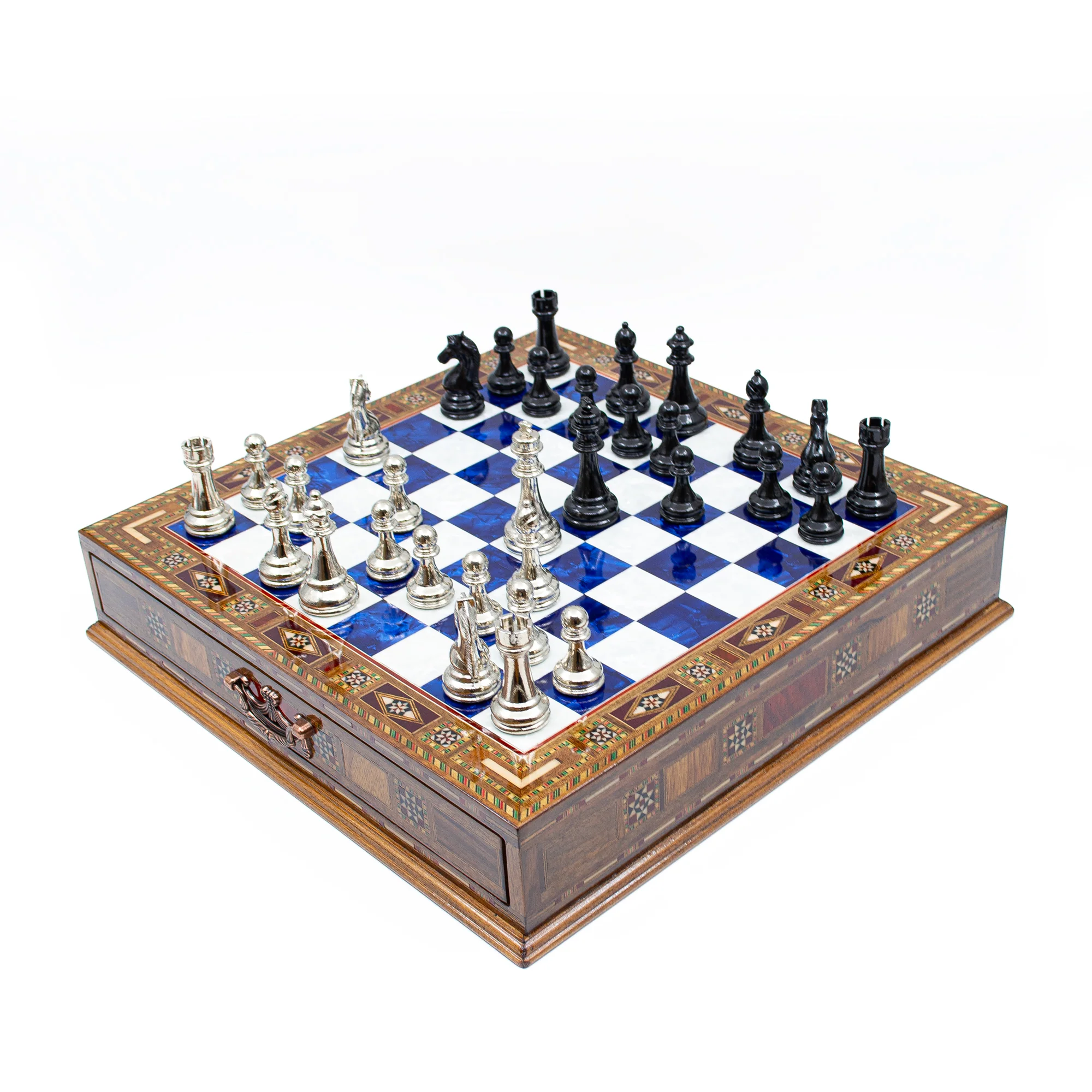 Luxury Wooden Chess Set With Storage Units - Black And Silver Metal Chess Pieces (Blue Chess Board) - Image 6