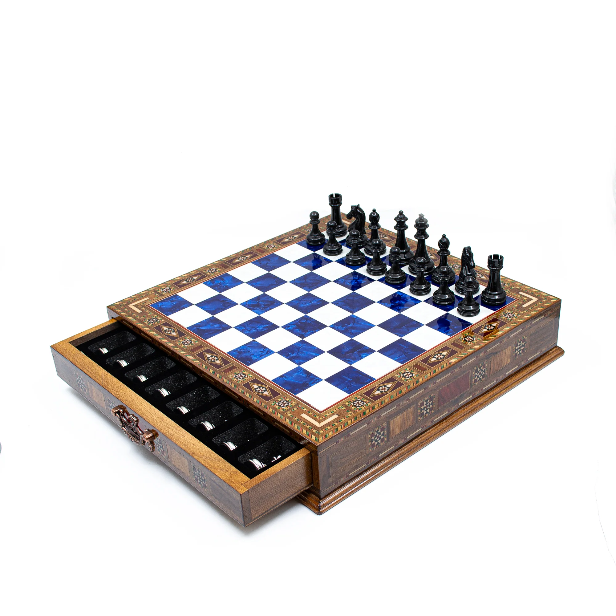 Luxury Wooden Chess Set With Storage Units - Black And Silver Metal Chess Pieces (Blue Chess Board) - Image 7