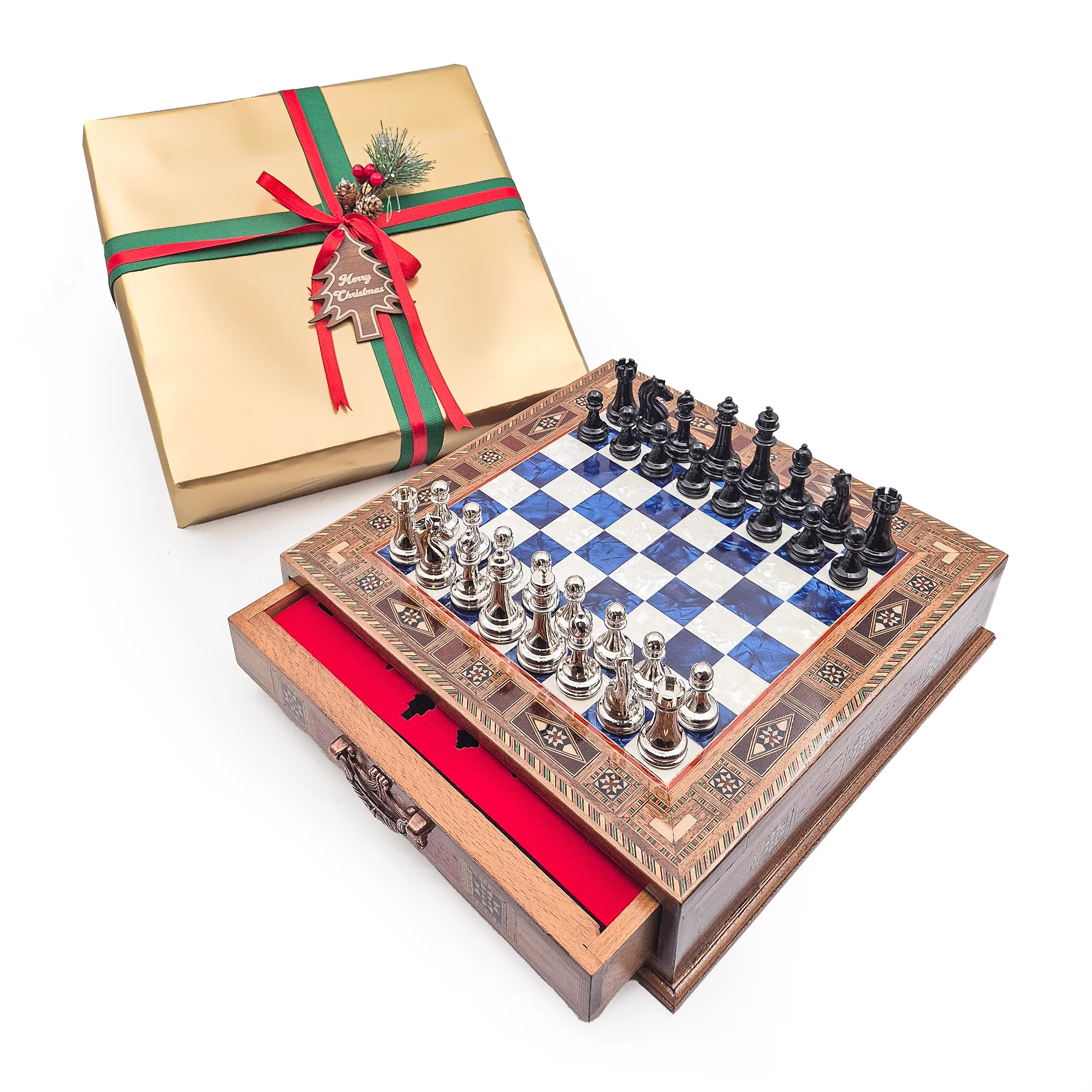 Luxury Wooden Chess Set With Storage Units - Black And Silver Metal Chess Pieces (Blue Chess Board) - Image 8