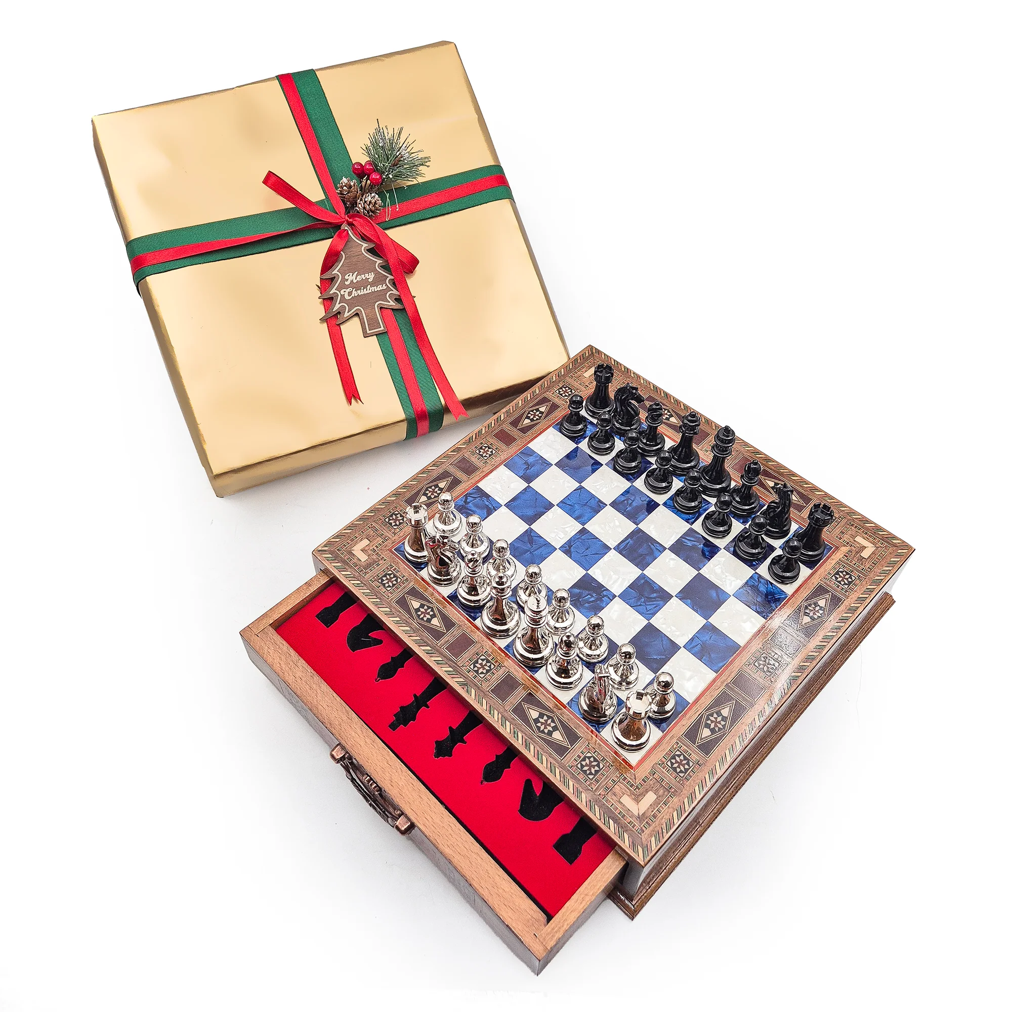 Luxury Wooden Chess Set With Storage Units - Black And Silver Metal Chess Pieces (Blue Chess Board) - Image 9