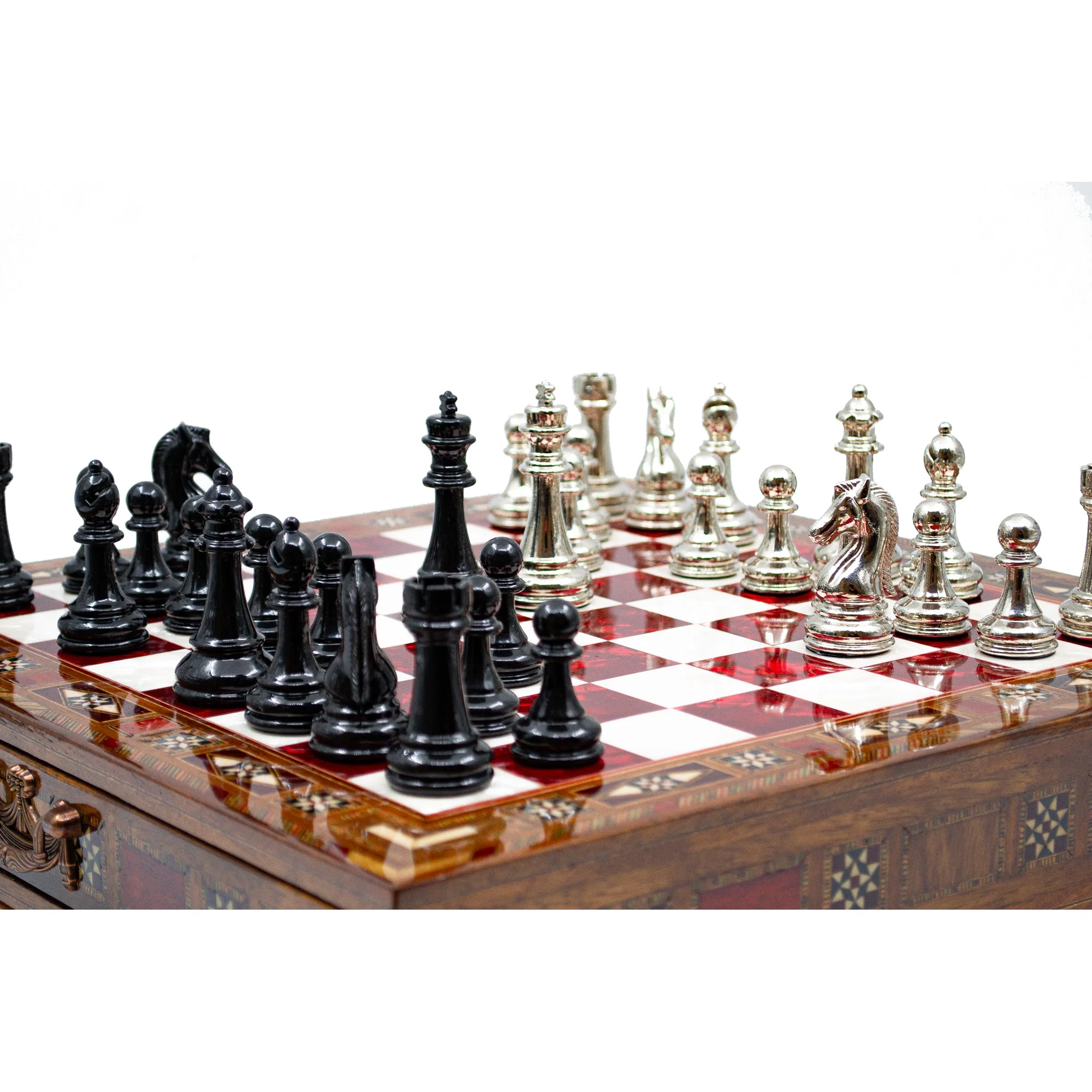 Luxury Wooden Chess Set With Storage Units - Black And Silver Metal Chess Pieces (Red Chess Board) - Image 3