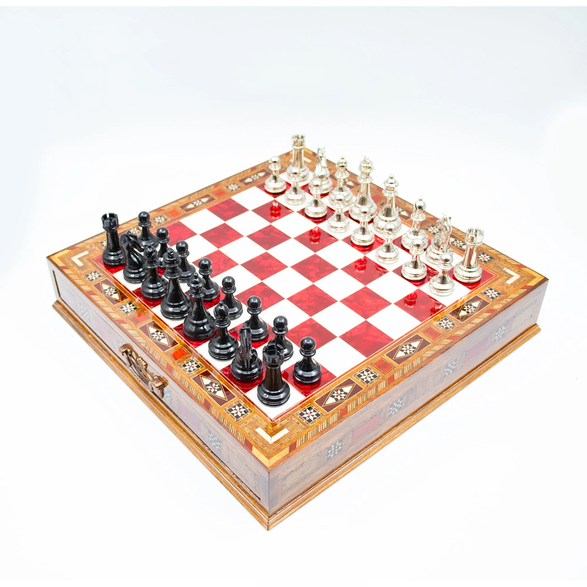 Luxury Wooden Chess Set With Storage Units - Black And Silver Metal Chess Pieces (Red Chess Board) - Image 4