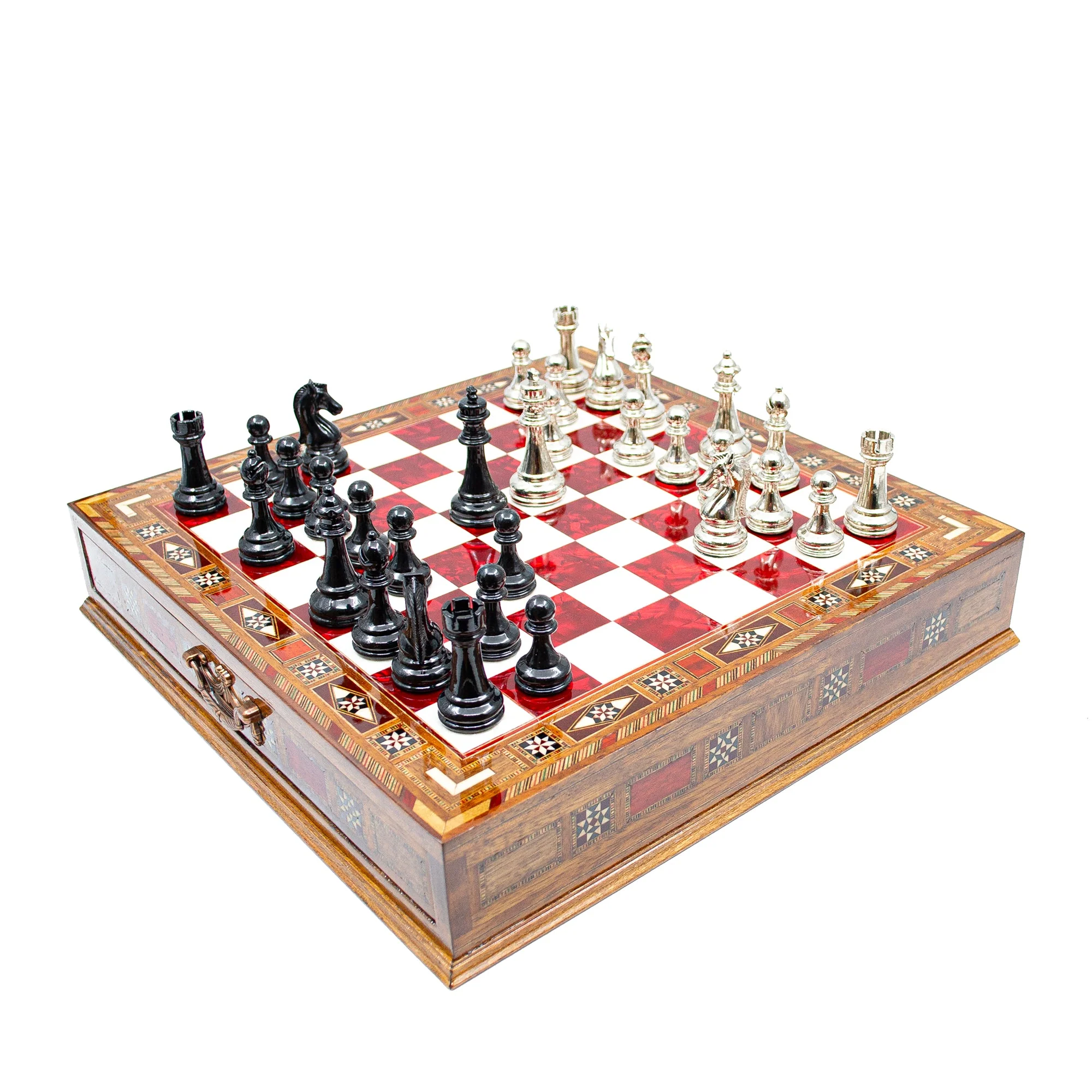 Luxury Wooden Chess Set With Storage Units - Black And Silver Metal Chess Pieces (Red Chess Board) - Image 5