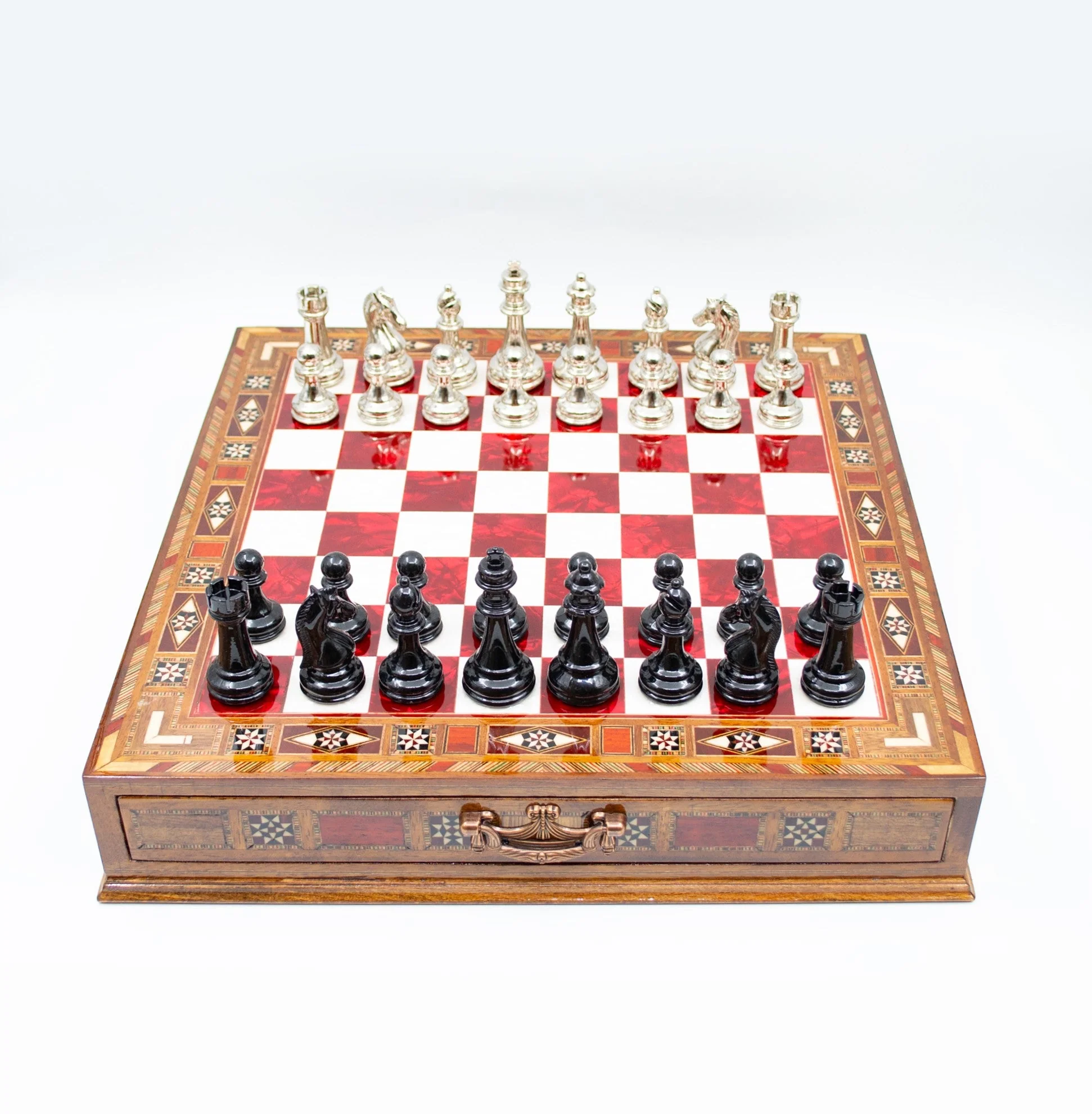 Luxury Wooden Chess Set With Storage Units - Black And Silver Metal Chess Pieces (Red Chess Board) - Image 6