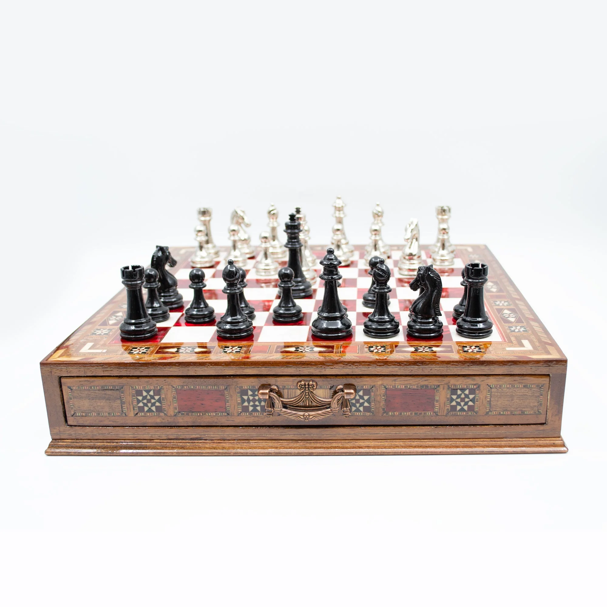 Luxury Wooden Chess Set With Storage Units - Black And Silver Metal Chess Pieces (Red Chess Board) - Image 7