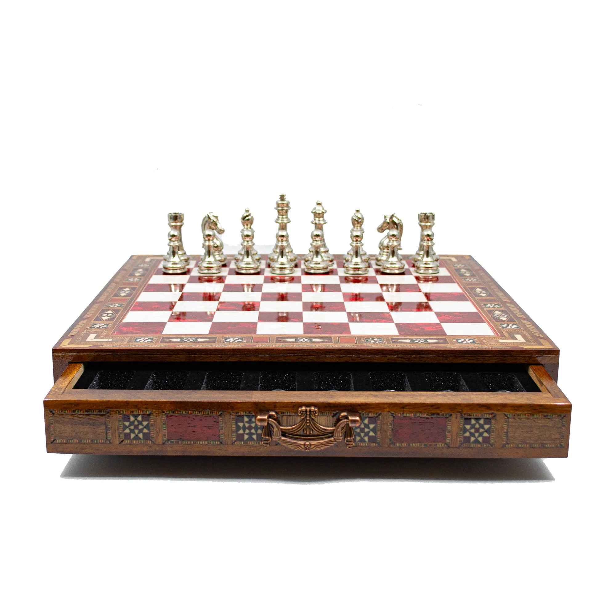 Luxury Wooden Chess Set With Storage Units - Black And Silver Metal Chess Pieces (Red Chess Board) - Image 9