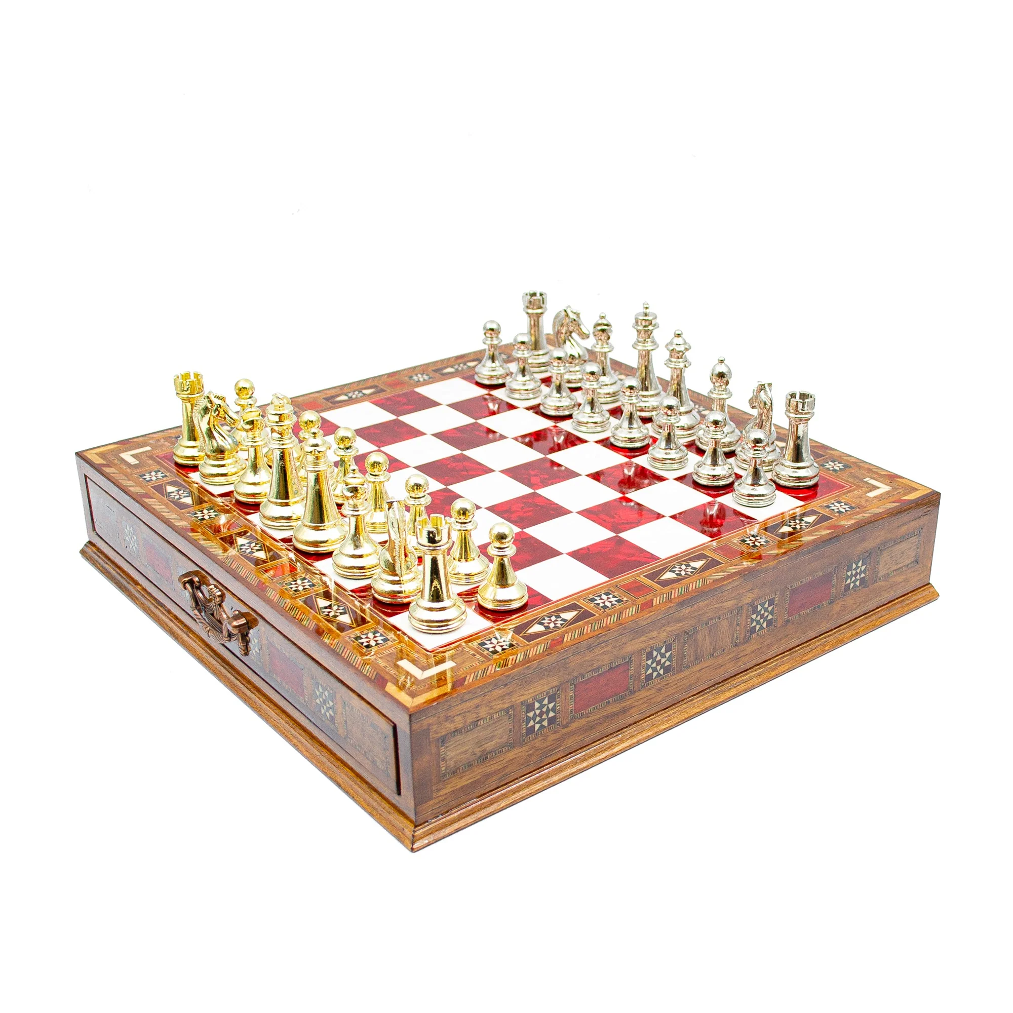 Luxury Wooden Chess Set With Storage Units - Gold And Silver Metal Chess Pieces - Image 3