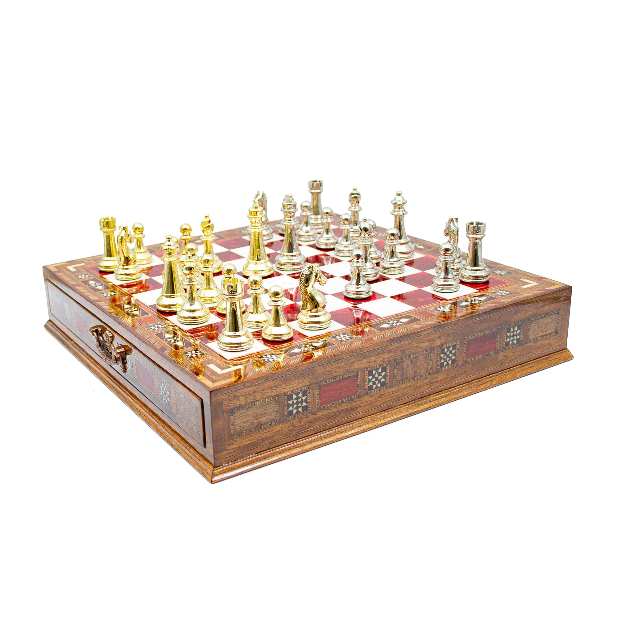 Luxury Wooden Chess Set With Storage Units - Gold And Silver Metal Chess Pieces - Image 5