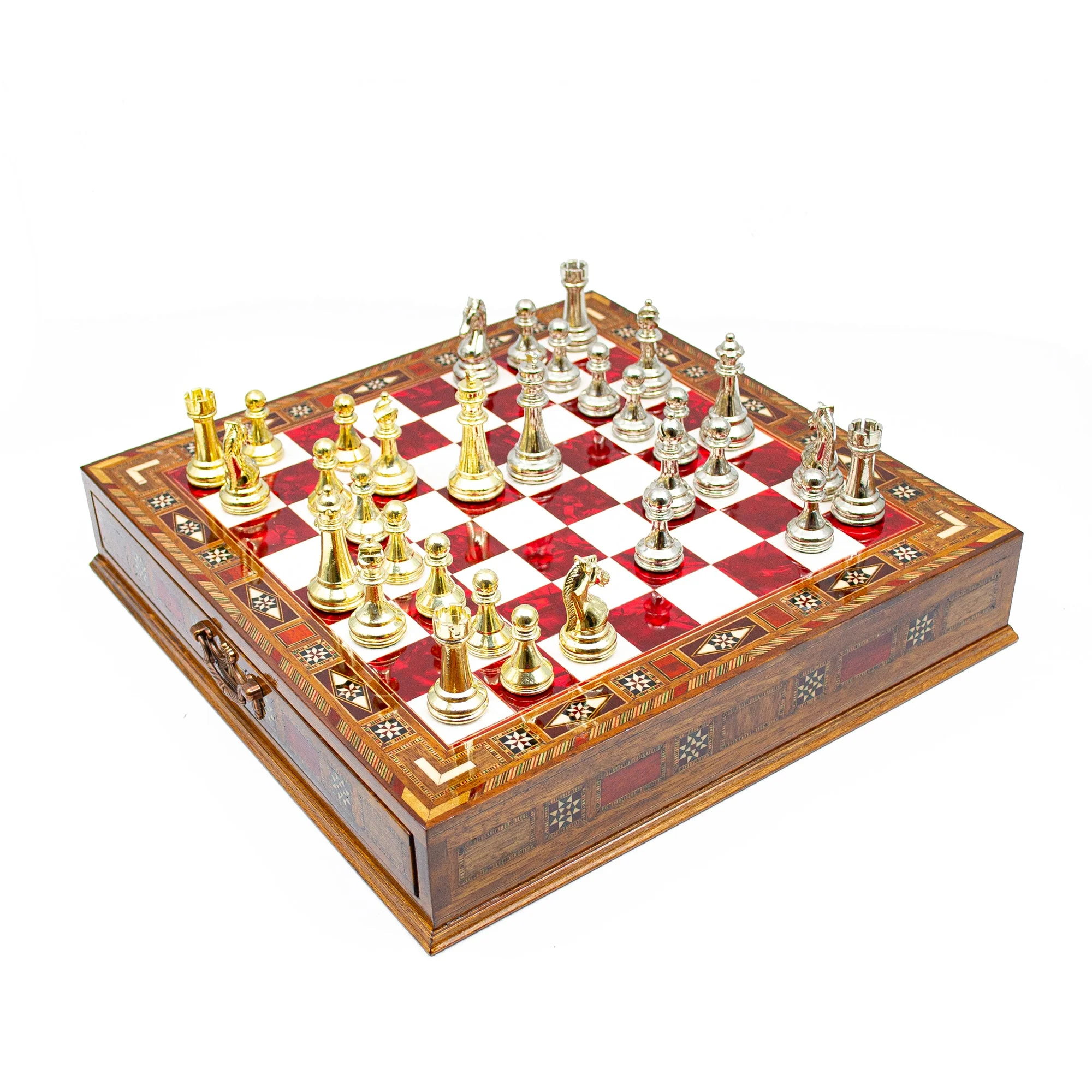 Luxury Wooden Chess Set With Storage Units - Gold And Silver Metal Chess Pieces - Image 6