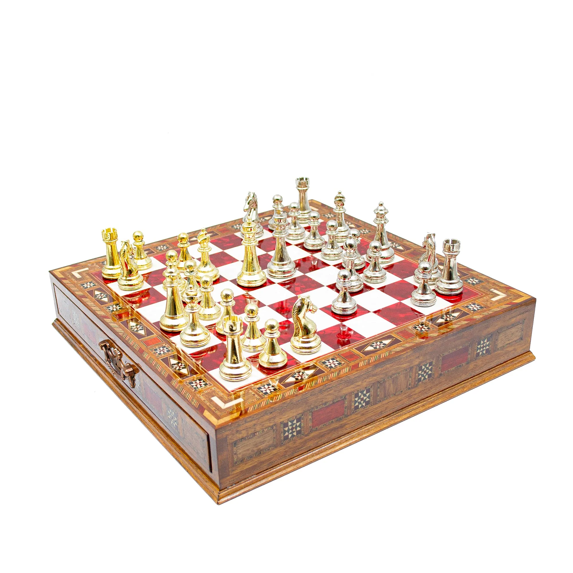 Luxury Wooden Chess Set With Storage Units - Gold And Silver Metal Chess Pieces - Image 7