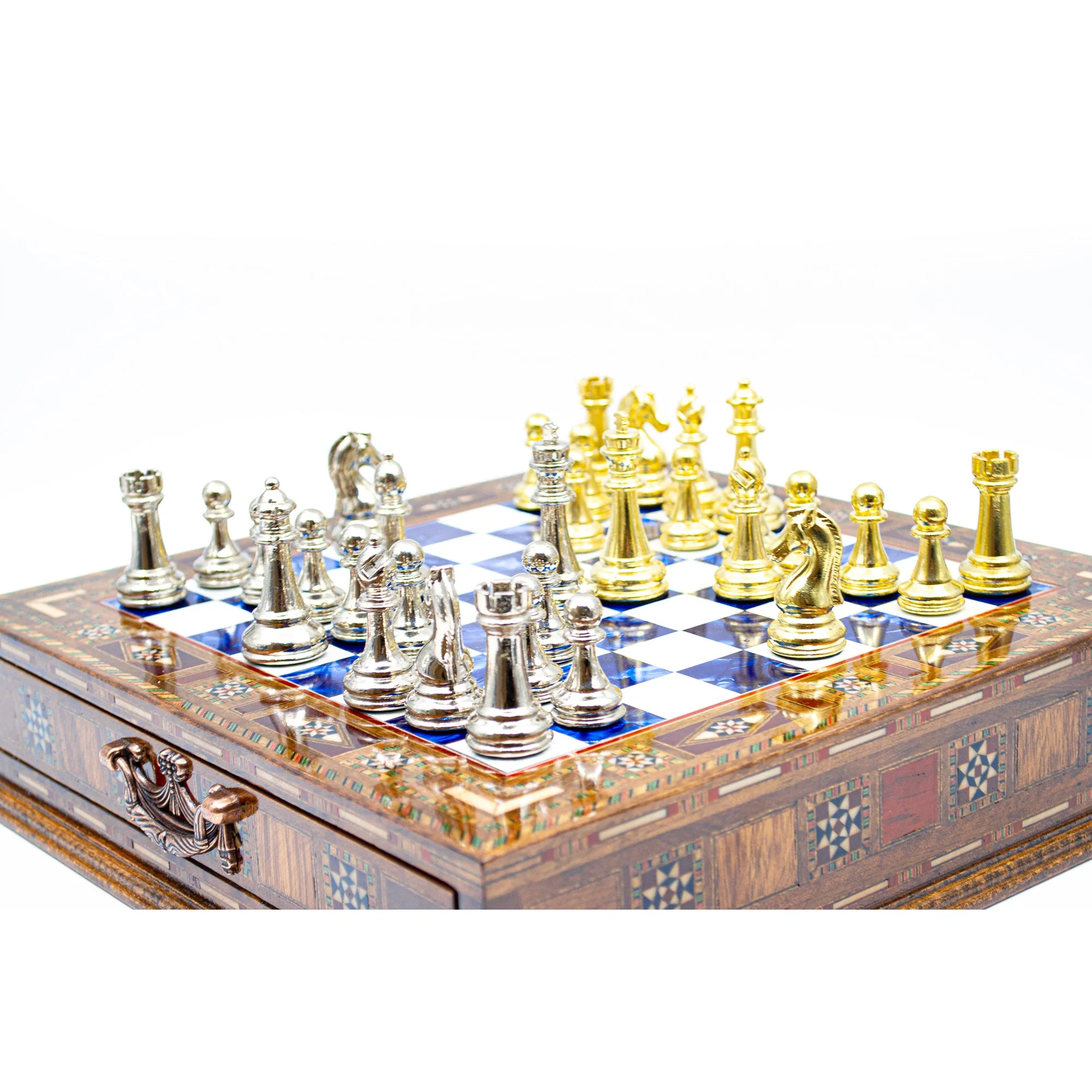 Luxury Wooden Chess Set With Storage Units - Gold And Silver Metal Chess Pieces (Blue Chess Board) - Image 4