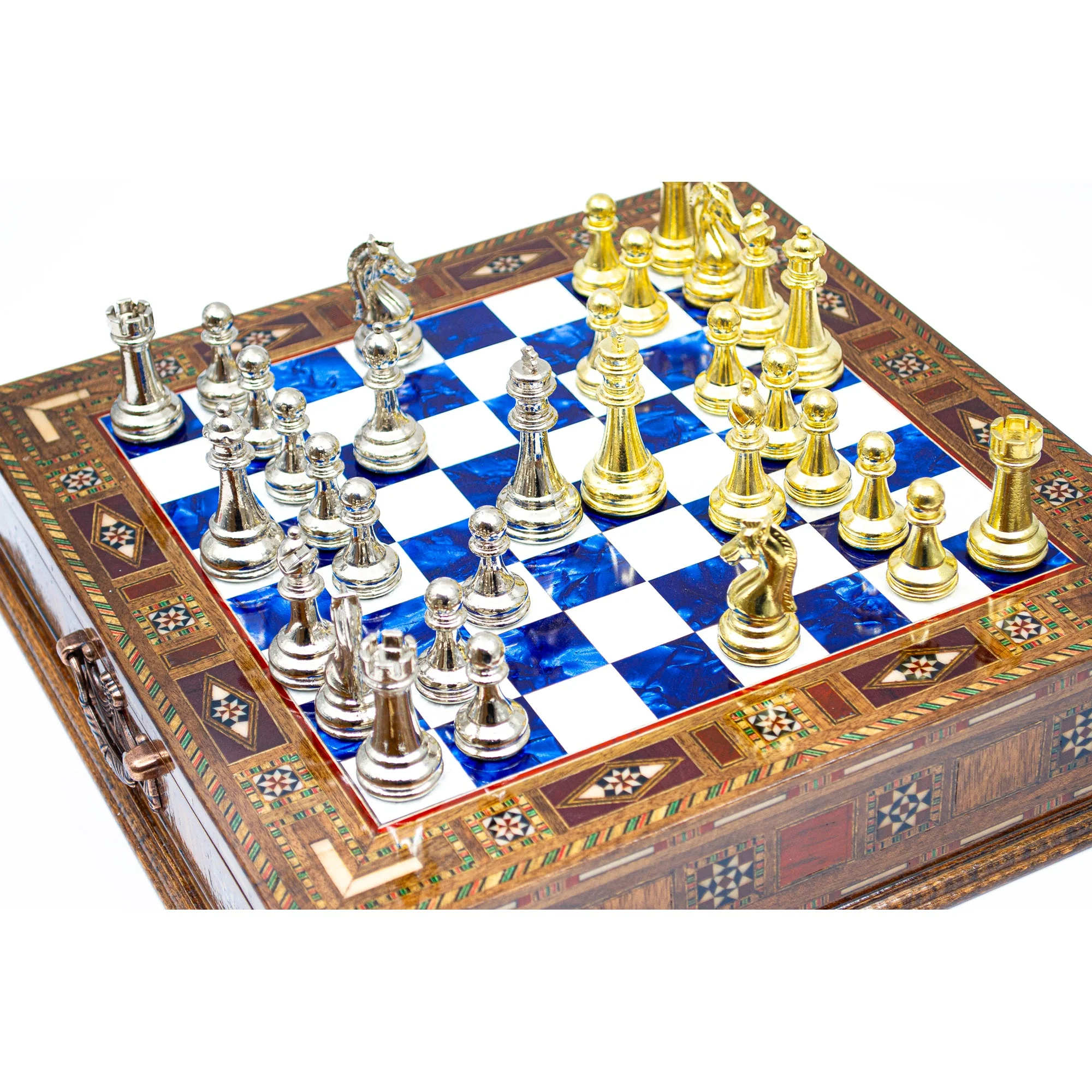 Luxury Wooden Chess Set With Storage Units - Gold And Silver Metal Chess Pieces (Blue Chess Board) - Image 5