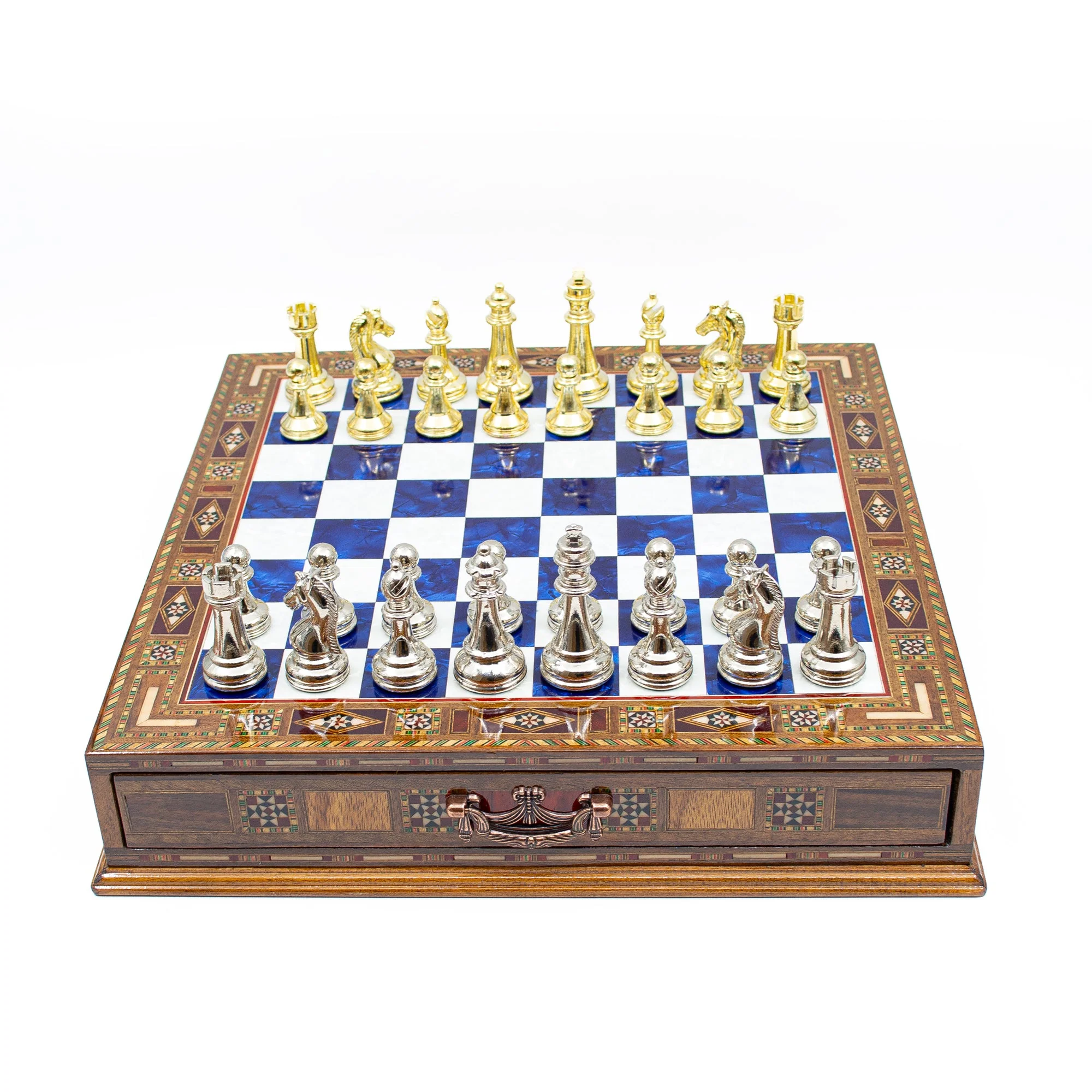 Luxury Wooden Chess Set With Storage Units - Gold And Silver Metal Chess Pieces (Blue Chess Board) - Image 6