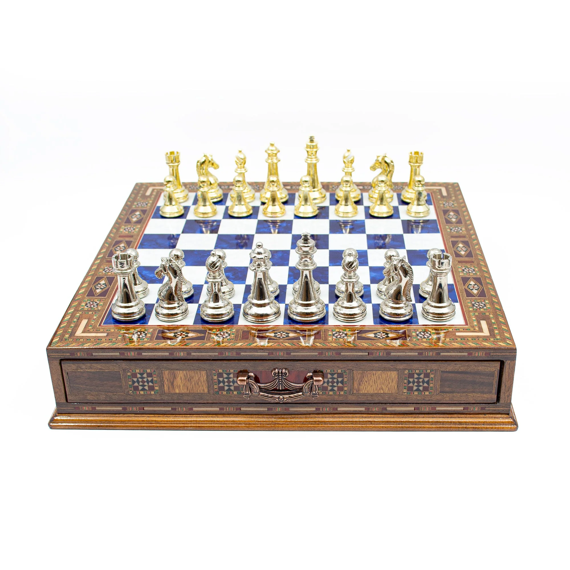 Luxury Wooden Chess Set With Storage Units - Gold And Silver Metal Chess Pieces (Blue Chess Board) - Image 7