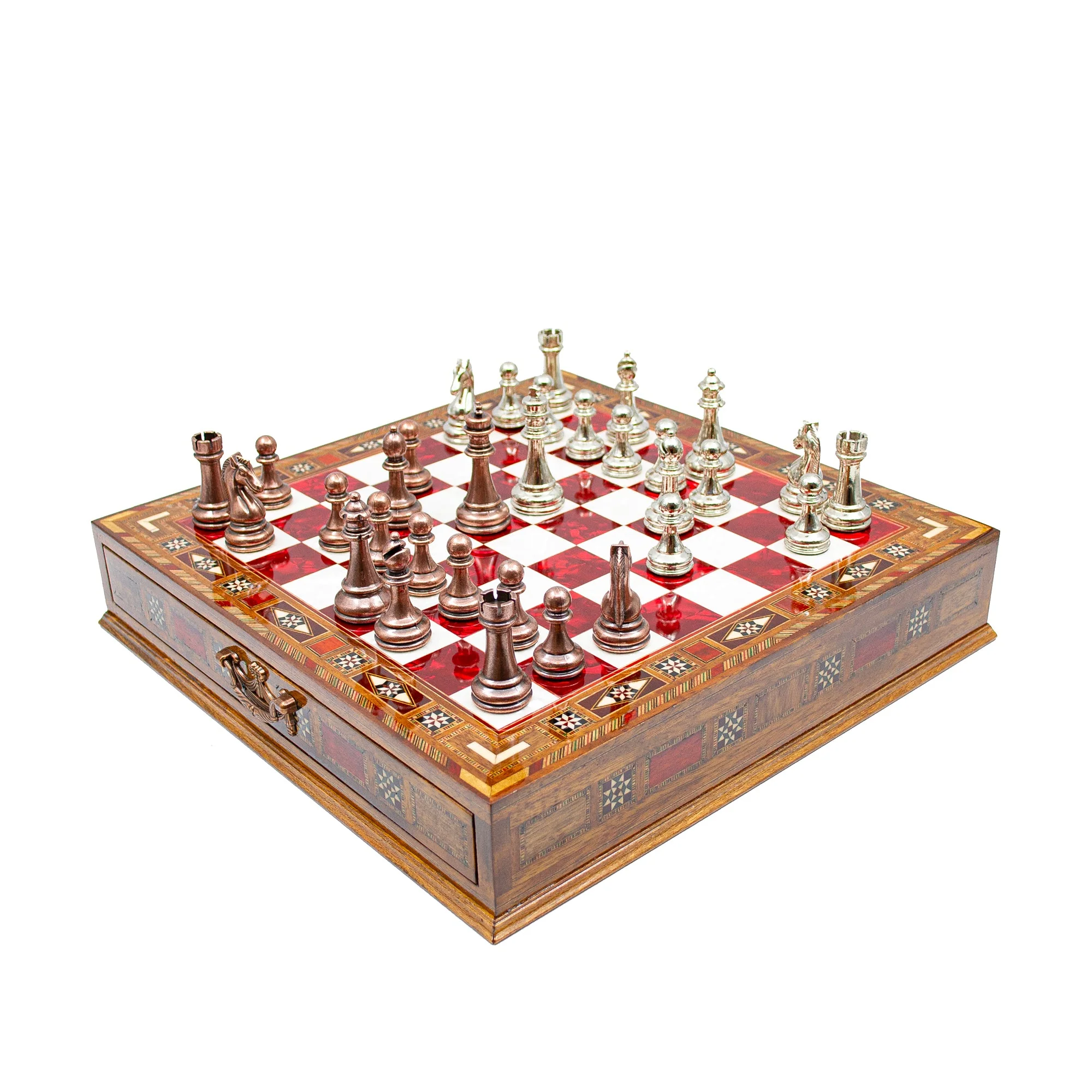 Luxury Wooden Chess Set With Storage Units - Copper And Silver Metal Chess Pieces (Red Chess Board) - Image 3