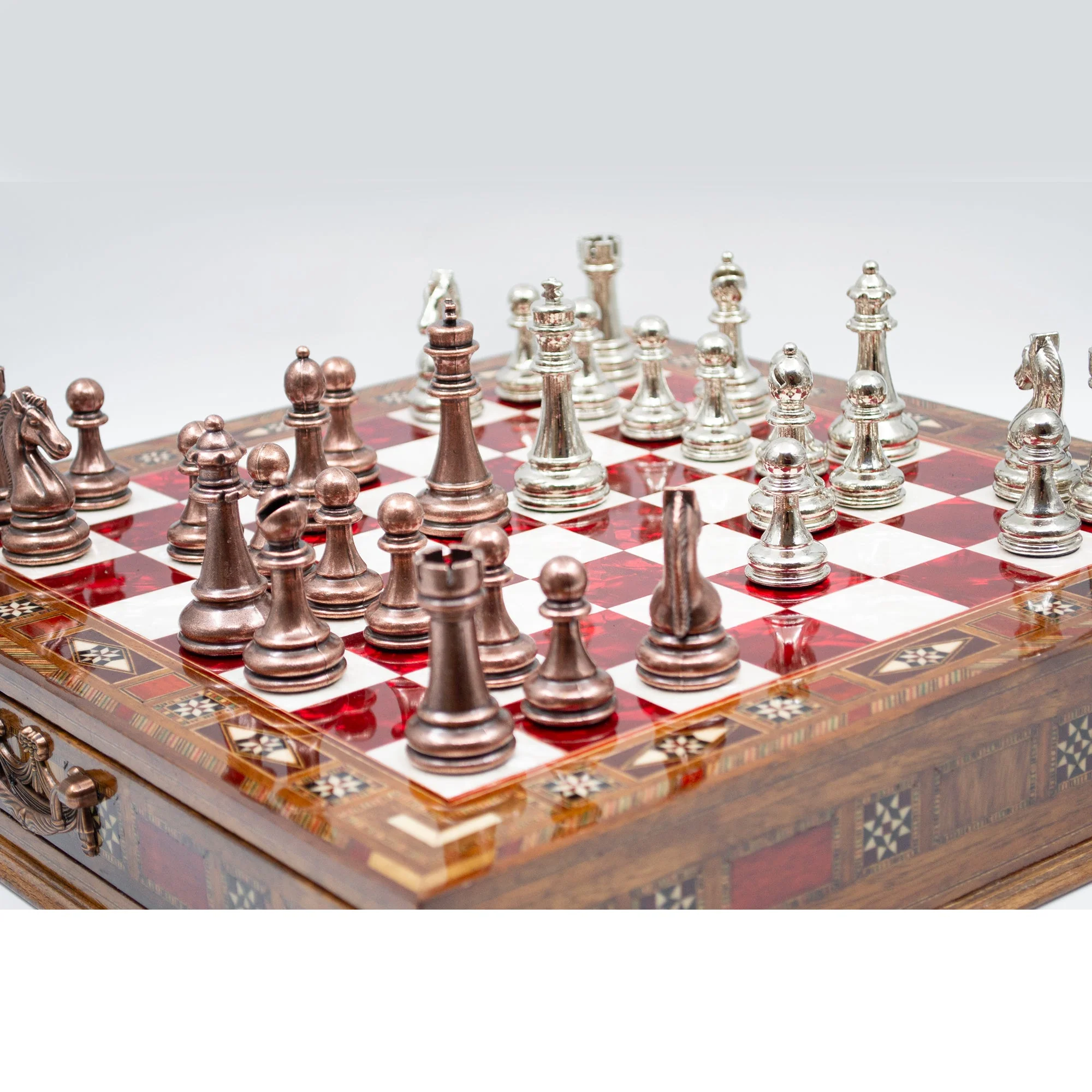 Luxury Wooden Chess Set With Storage Units - Copper And Silver Metal Chess Pieces (Red Chess Board) - Image 4
