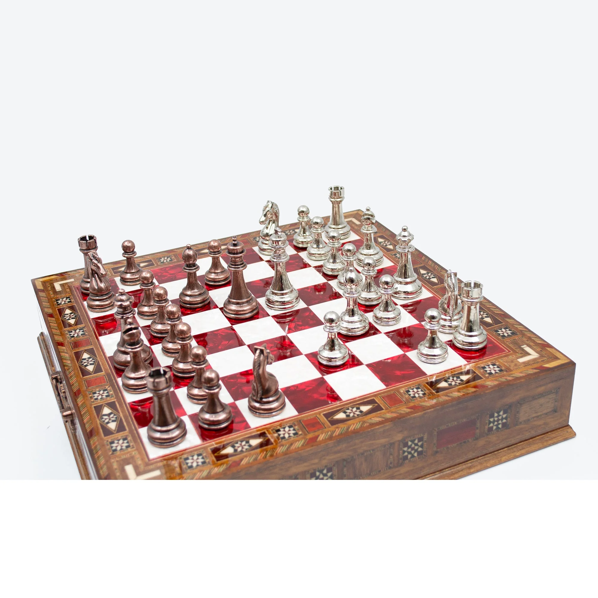 Luxury Wooden Chess Set With Storage Units - Copper And Silver Metal Chess Pieces (Red Chess Board) - Image 5