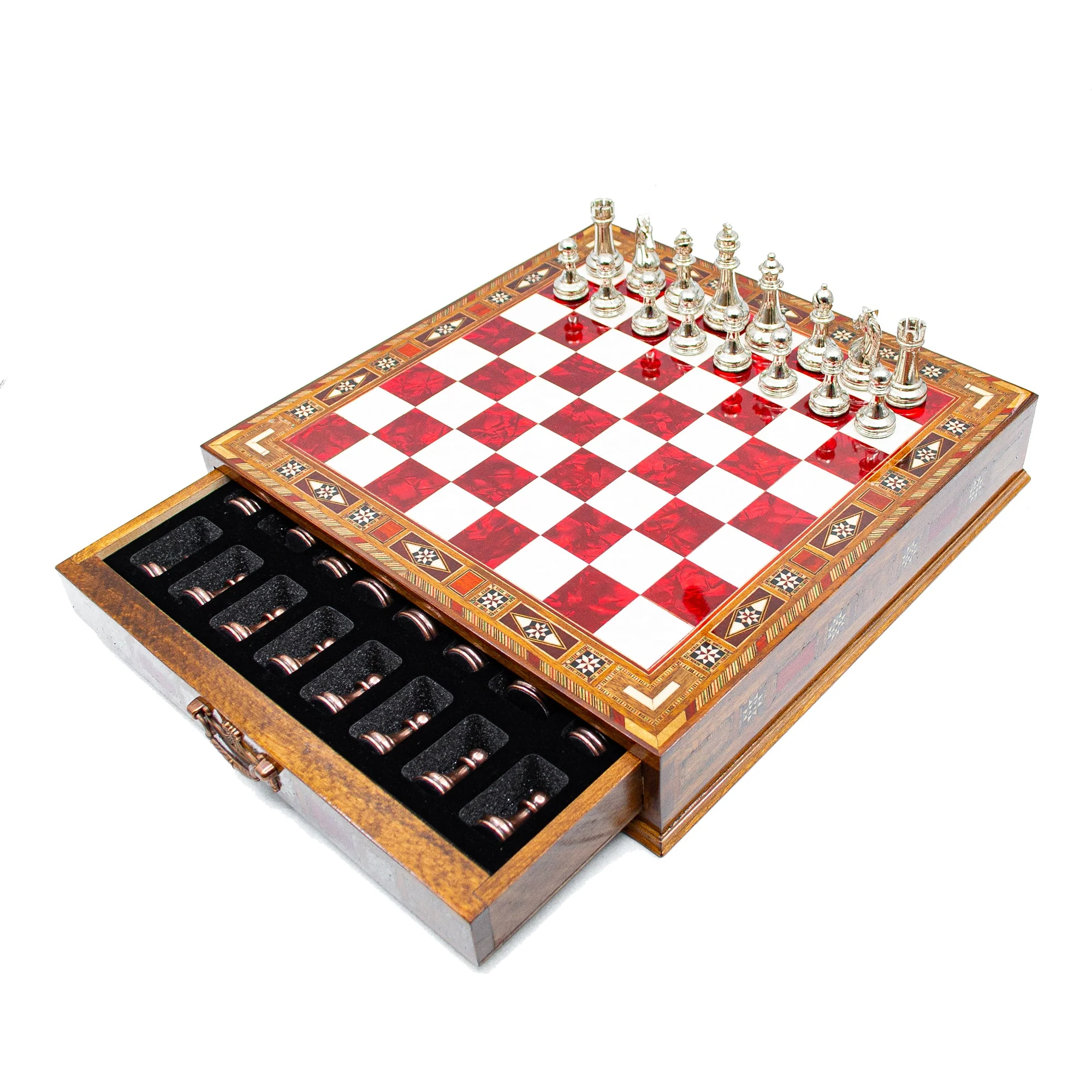 Luxury Wooden Chess Set With Storage Units - Copper And Silver Metal Chess Pieces (Red Chess Board) - Image 6