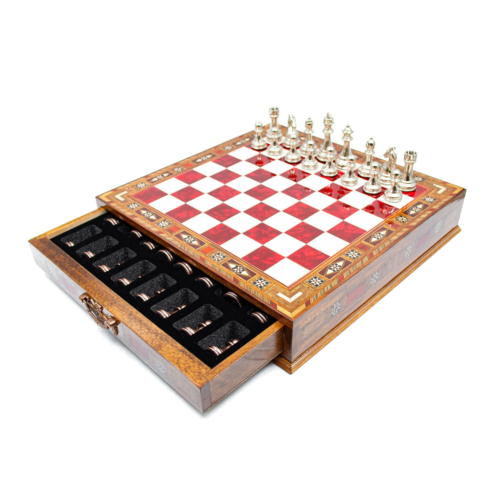 Luxury Wooden Chess Set With Storage Units - Copper And Silver Metal Chess Pieces (Red Chess Board) - Image 7