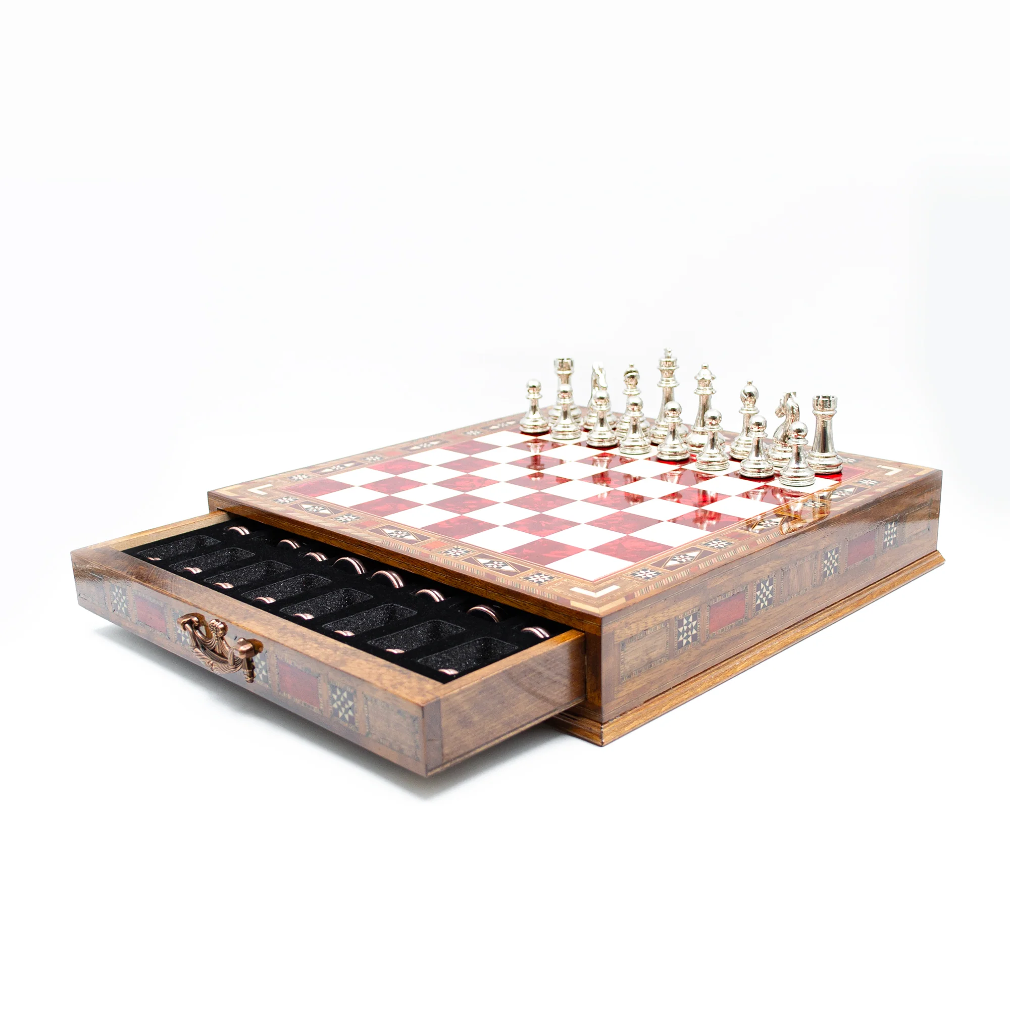 Luxury Wooden Chess Set With Storage Units - Copper And Silver Metal Chess Pieces (Red Chess Board) - Image 8