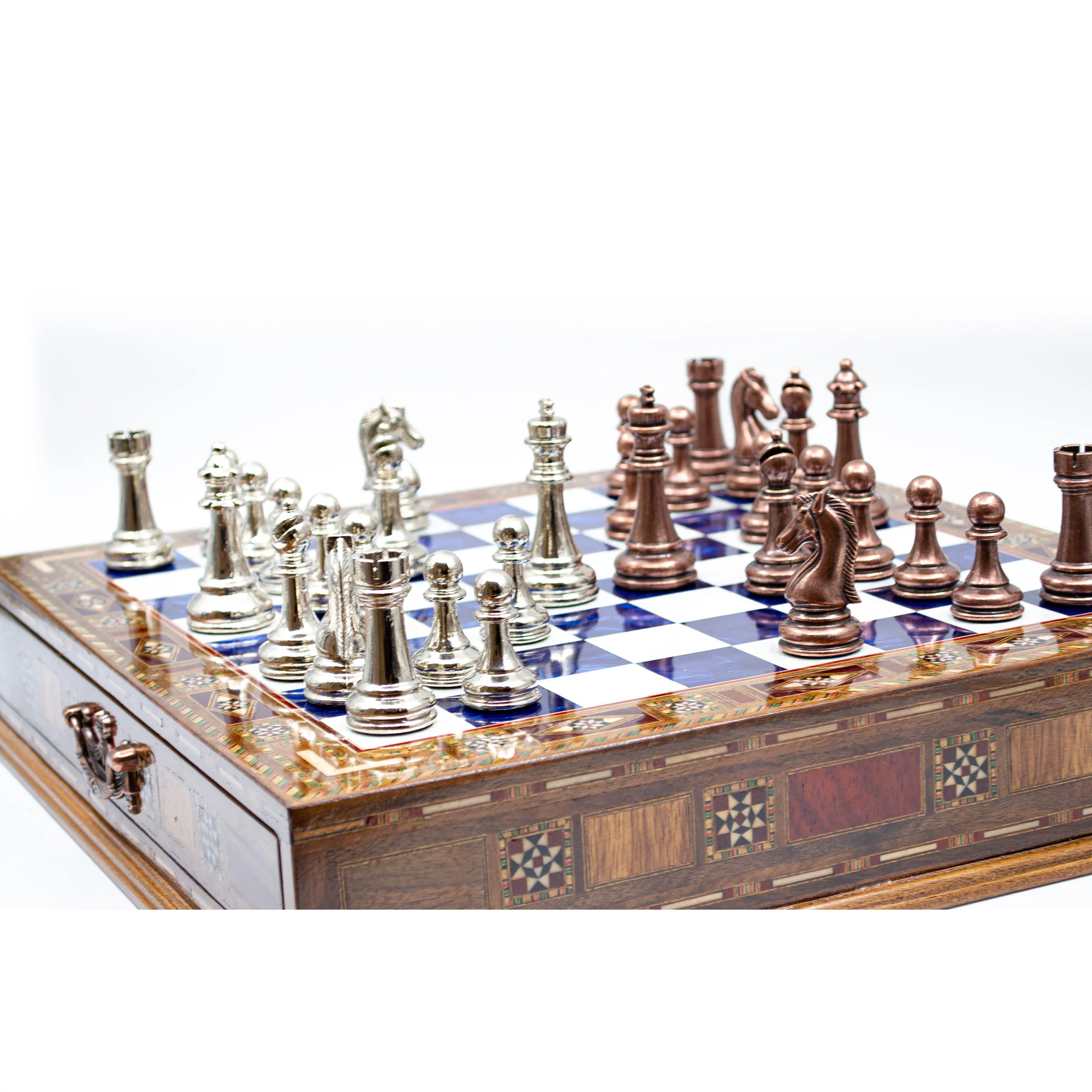 Luxury Wooden Chess Set With Storage Units - Copper And Silver Metal Chess Pieces (Blue Chess Board) - Image 3