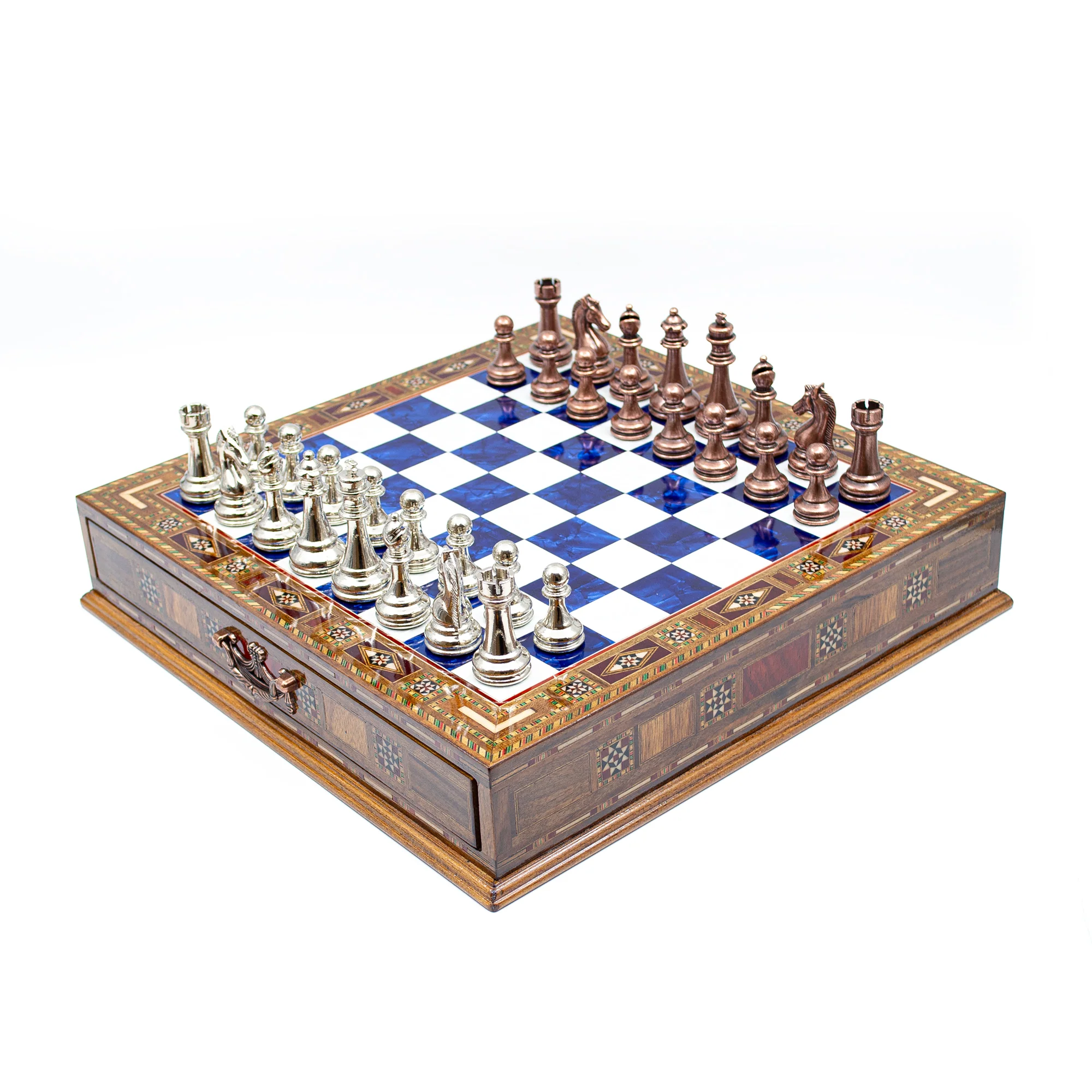 Luxury Wooden Chess Set With Storage Units - Copper And Silver Metal Chess Pieces (Blue Chess Board) - Image 4
