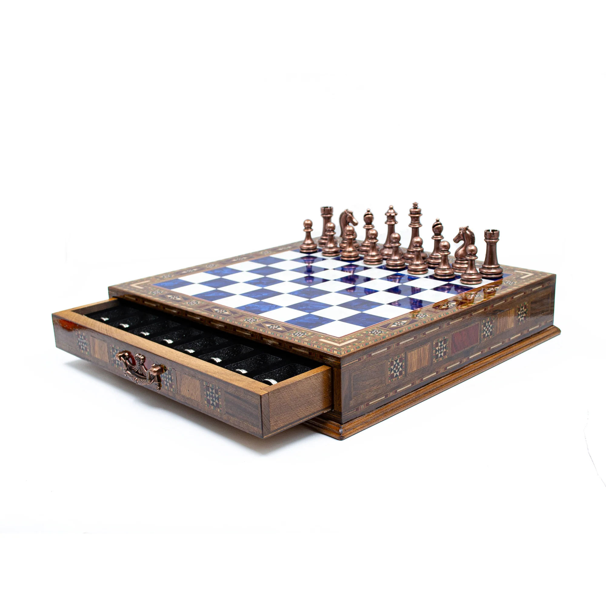 Luxury Wooden Chess Set With Storage Units - Copper And Silver Metal Chess Pieces (Blue Chess Board) - Image 5