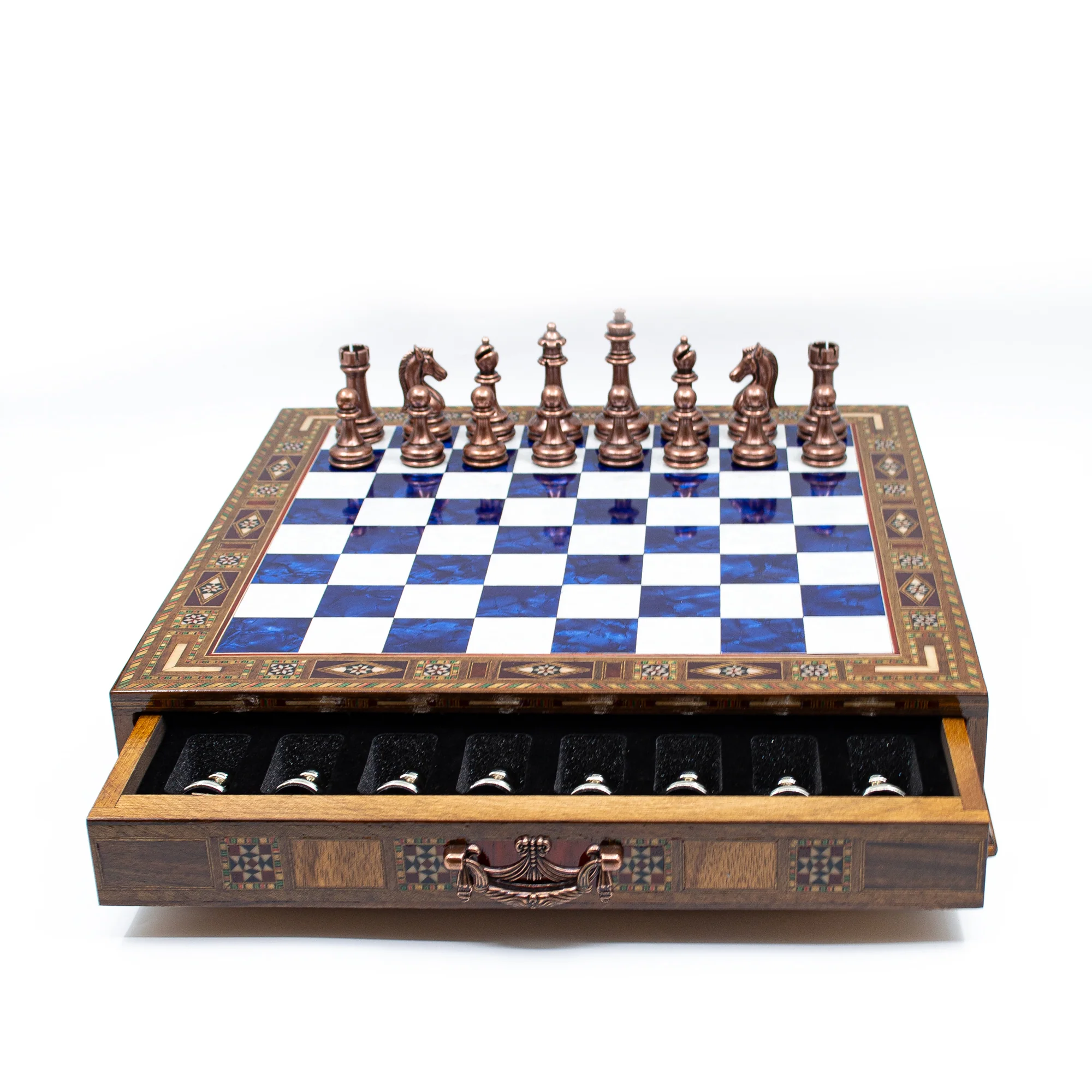 Luxury Wooden Chess Set With Storage Units - Copper And Silver Metal Chess Pieces (Blue Chess Board) - Image 6
