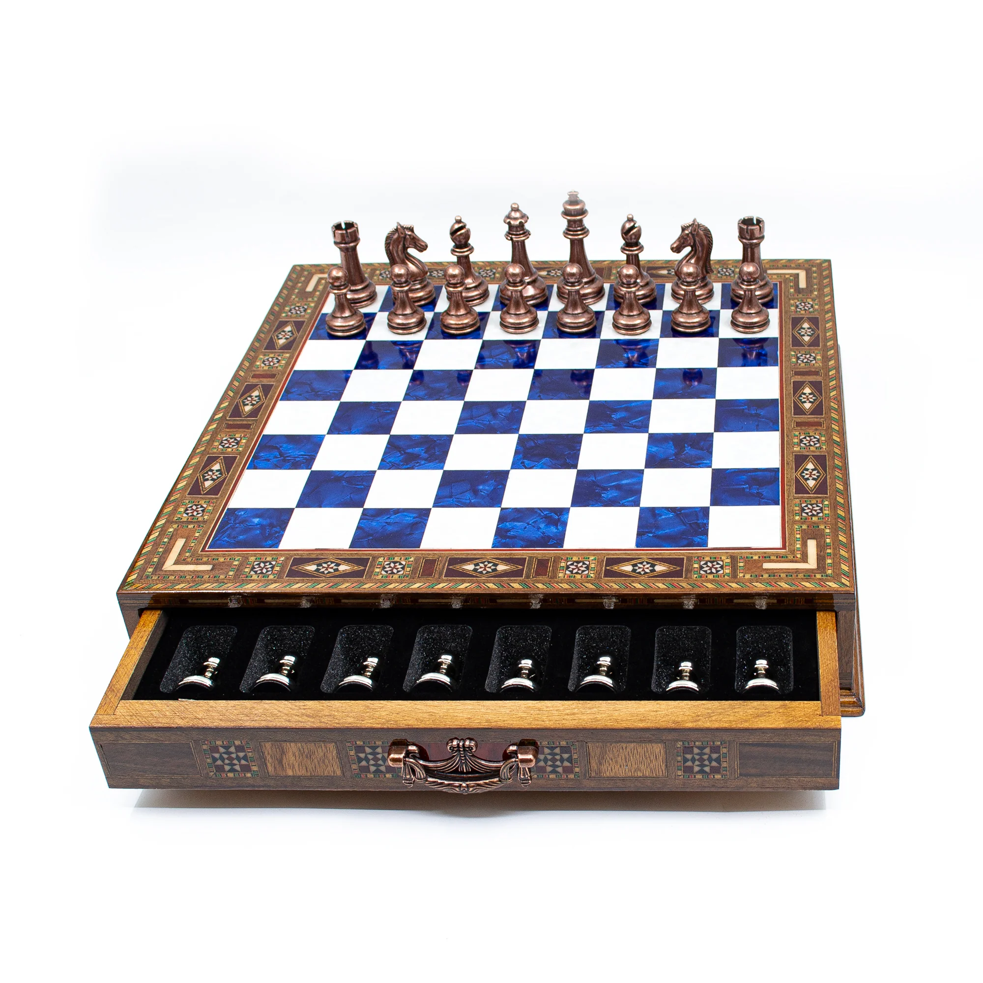 Luxury Wooden Chess Set With Storage Units - Copper And Silver Metal Chess Pieces (Blue Chess Board) - Image 7