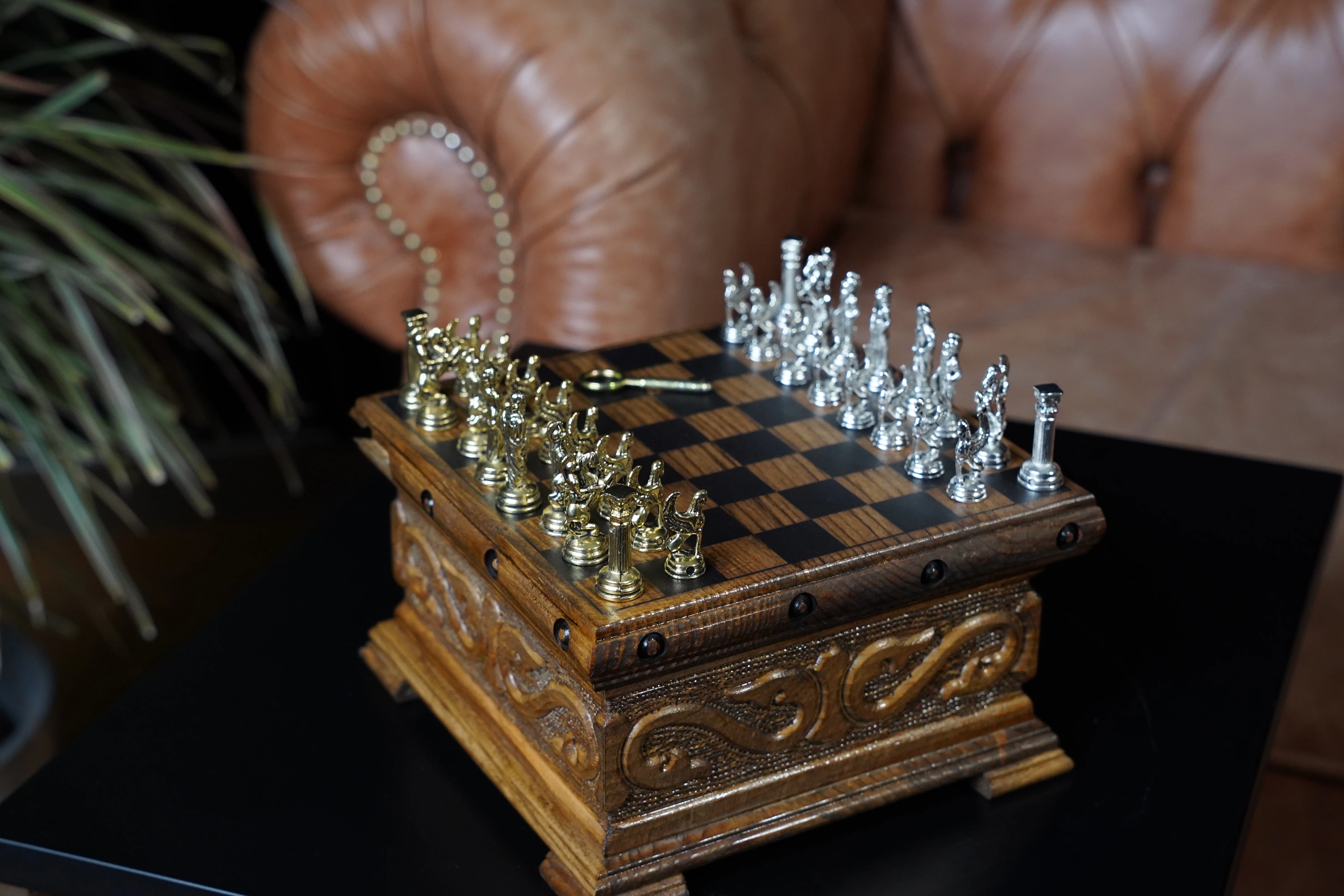 Wooden Chess Set With A Hidden Key And Velvet Storage Department - Image 9